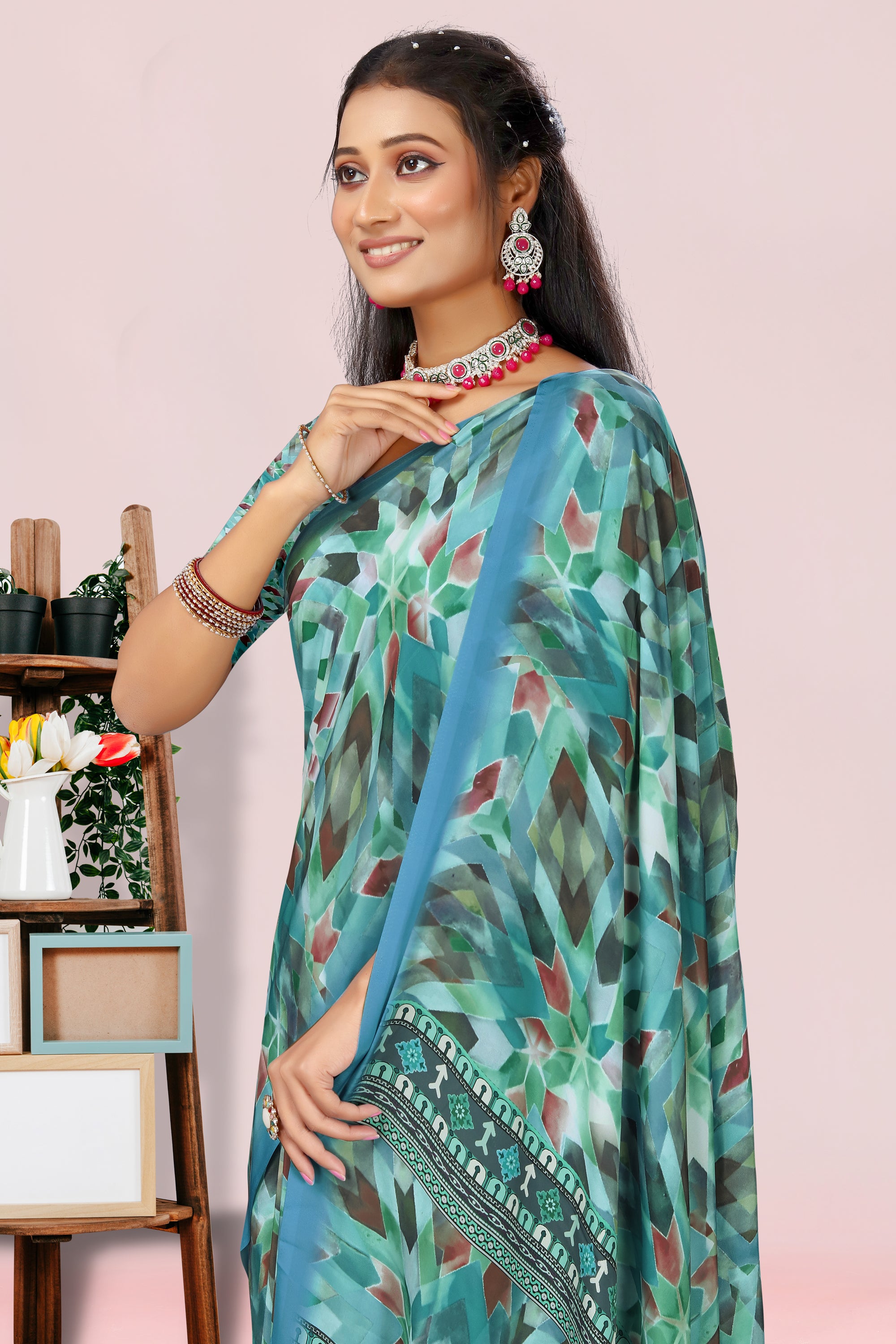 Dolly Greenish- Blue Geometrical Crepe Saree