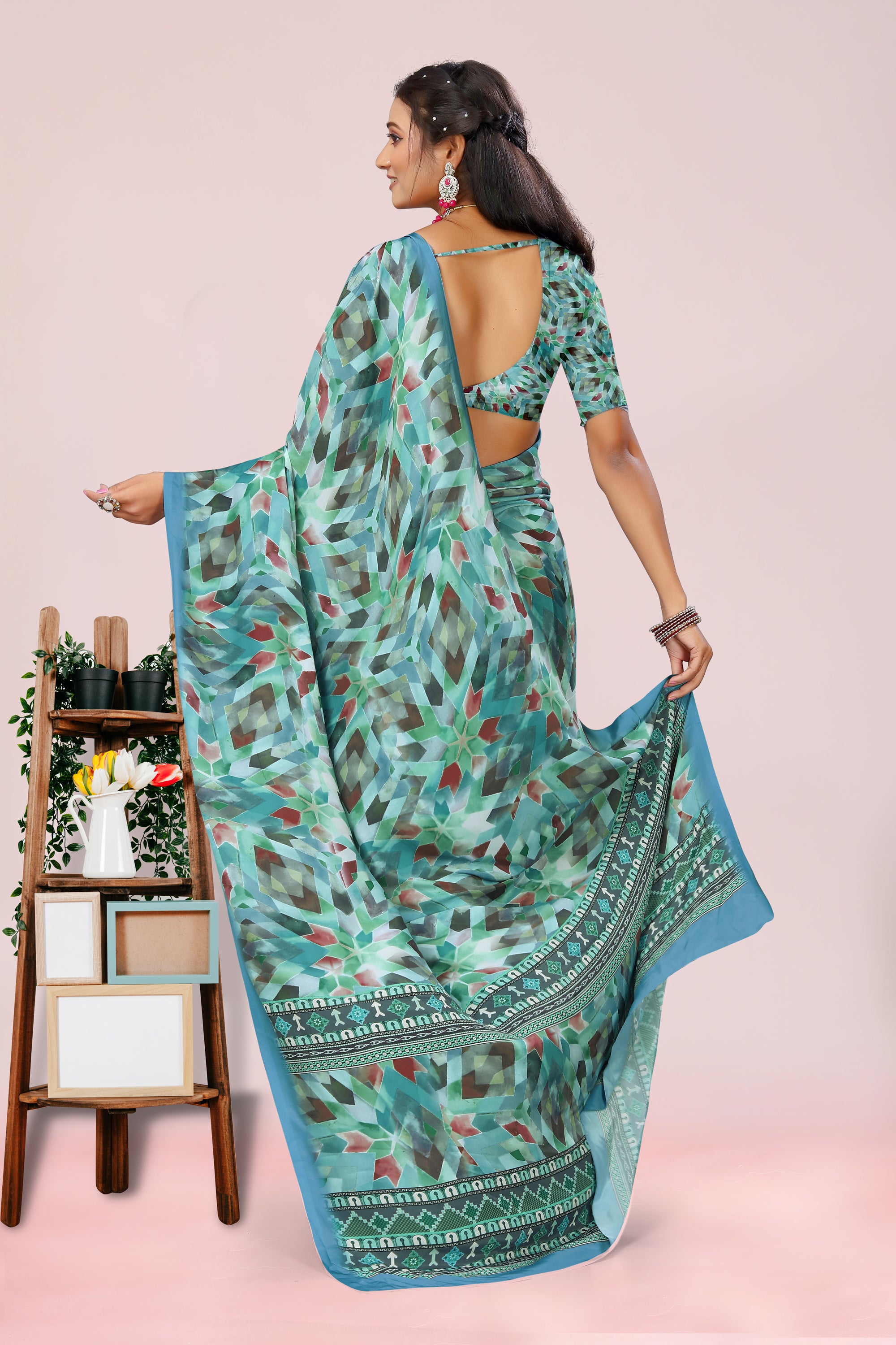 Dolly Greenish- Blue Geometrical Crepe Saree