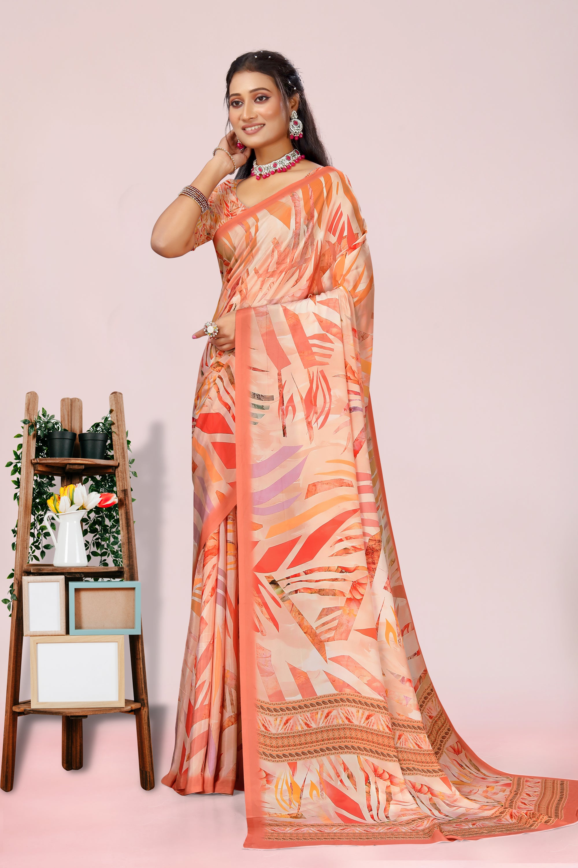 Dolly Orange Lehariya Crepe Saree