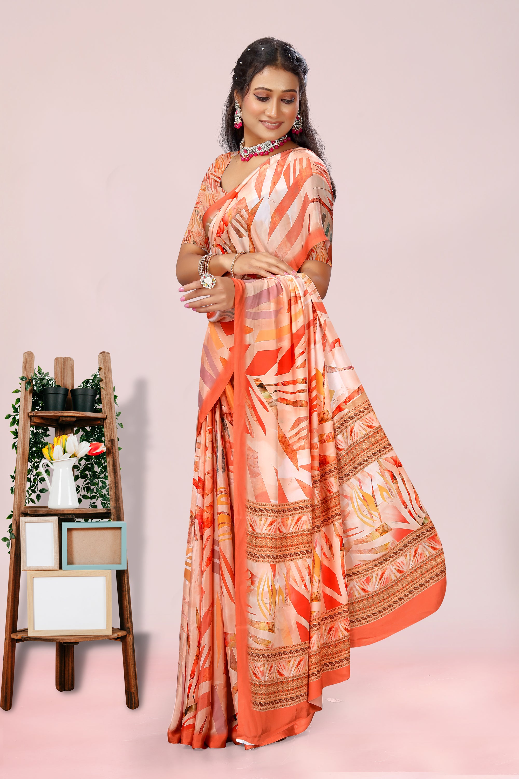 Dolly Orange Lehariya Crepe Saree