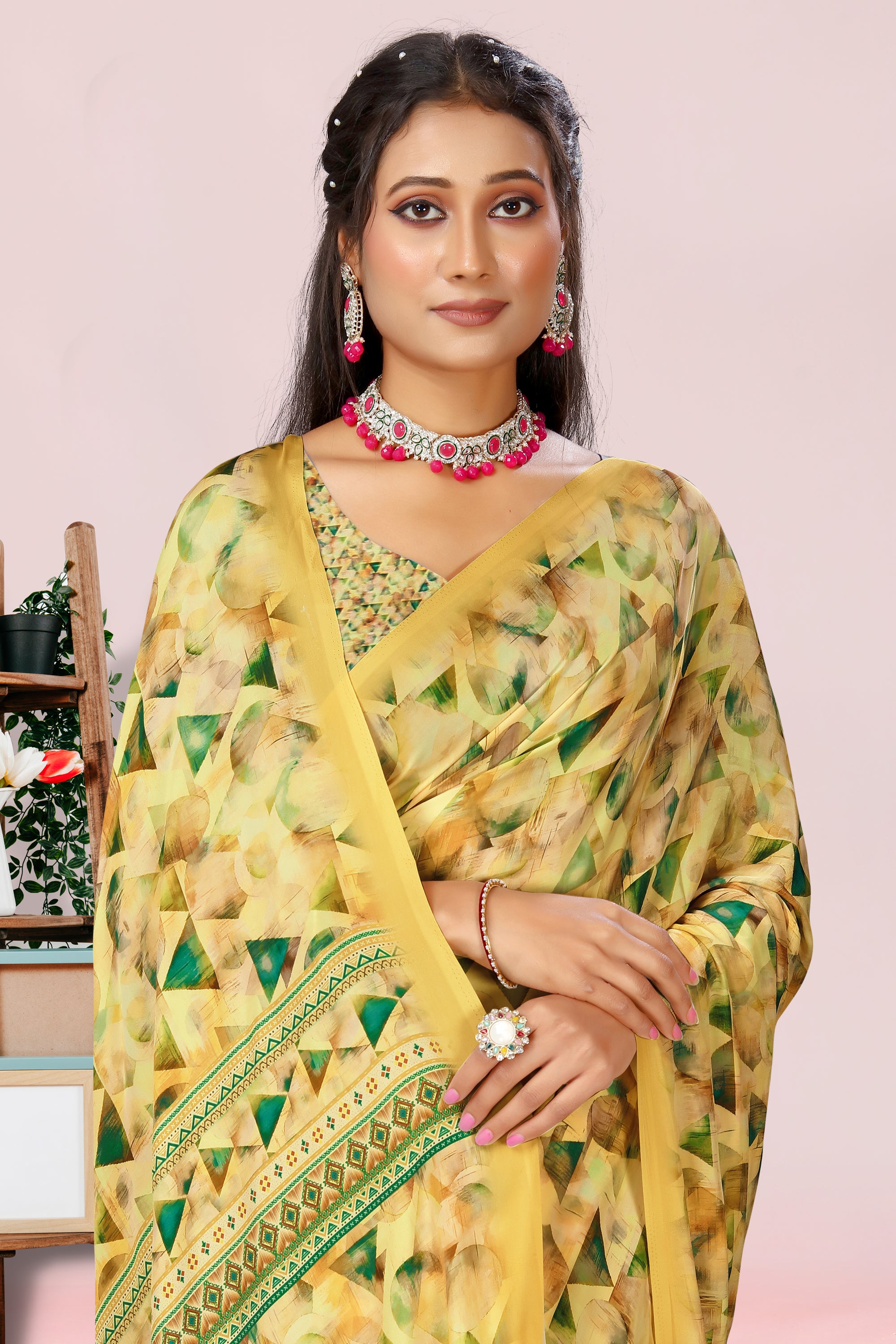 Dolly Sunlight Yellow Geometrical Crepe Saree