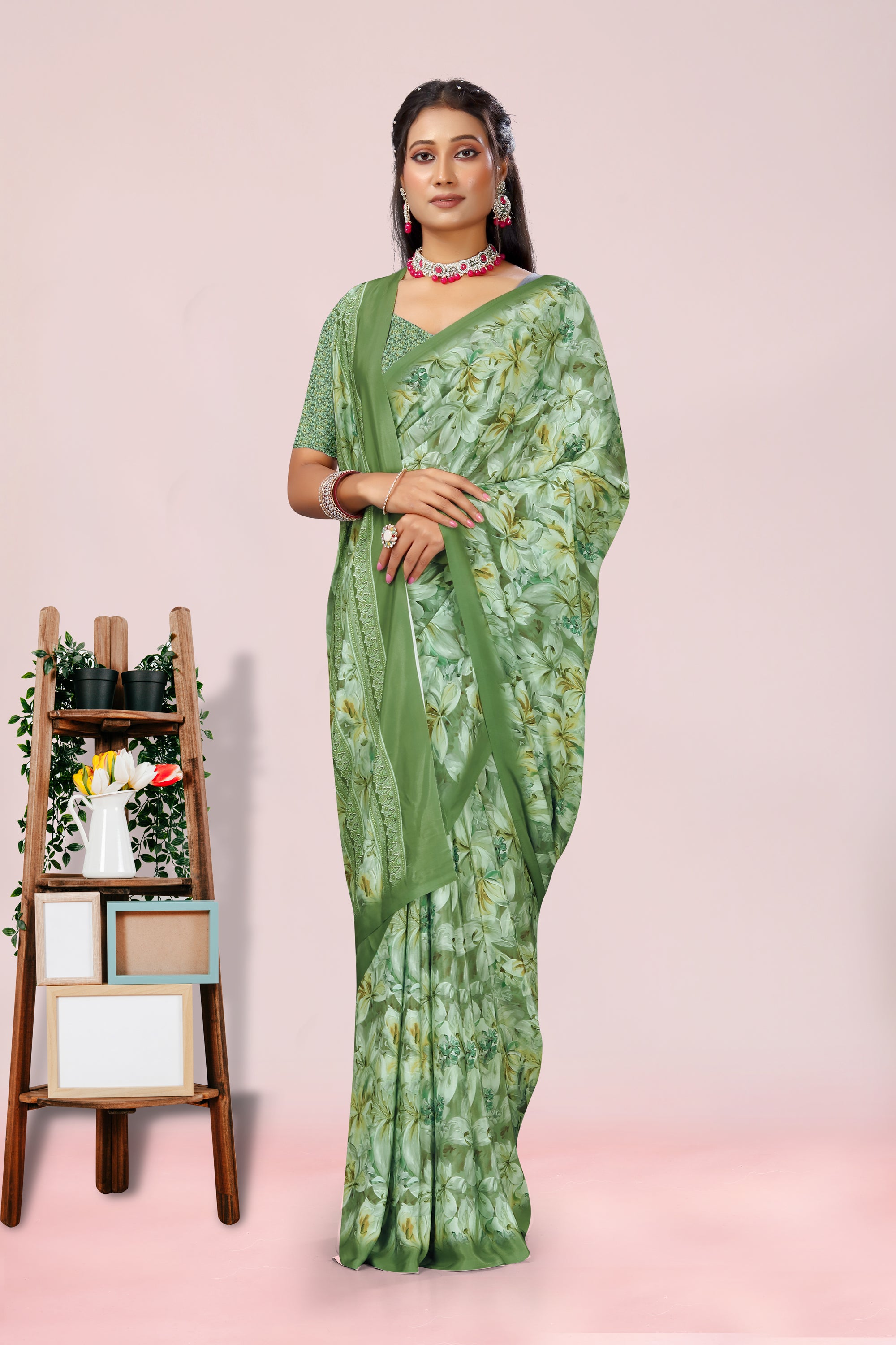 Dolly Grass Green Floral Crepe Saree