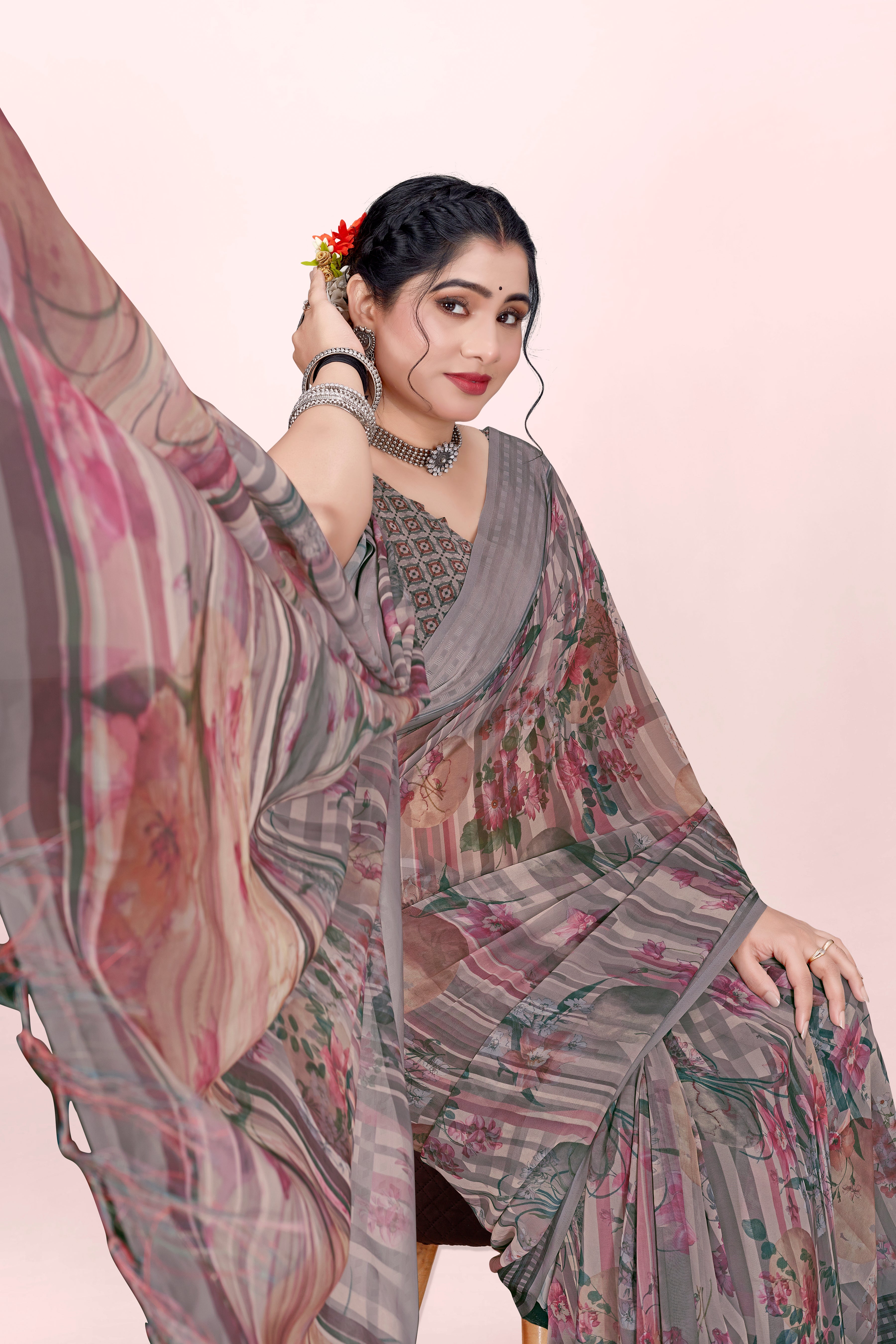 Brown Geometrical Weightless Nithi Saree