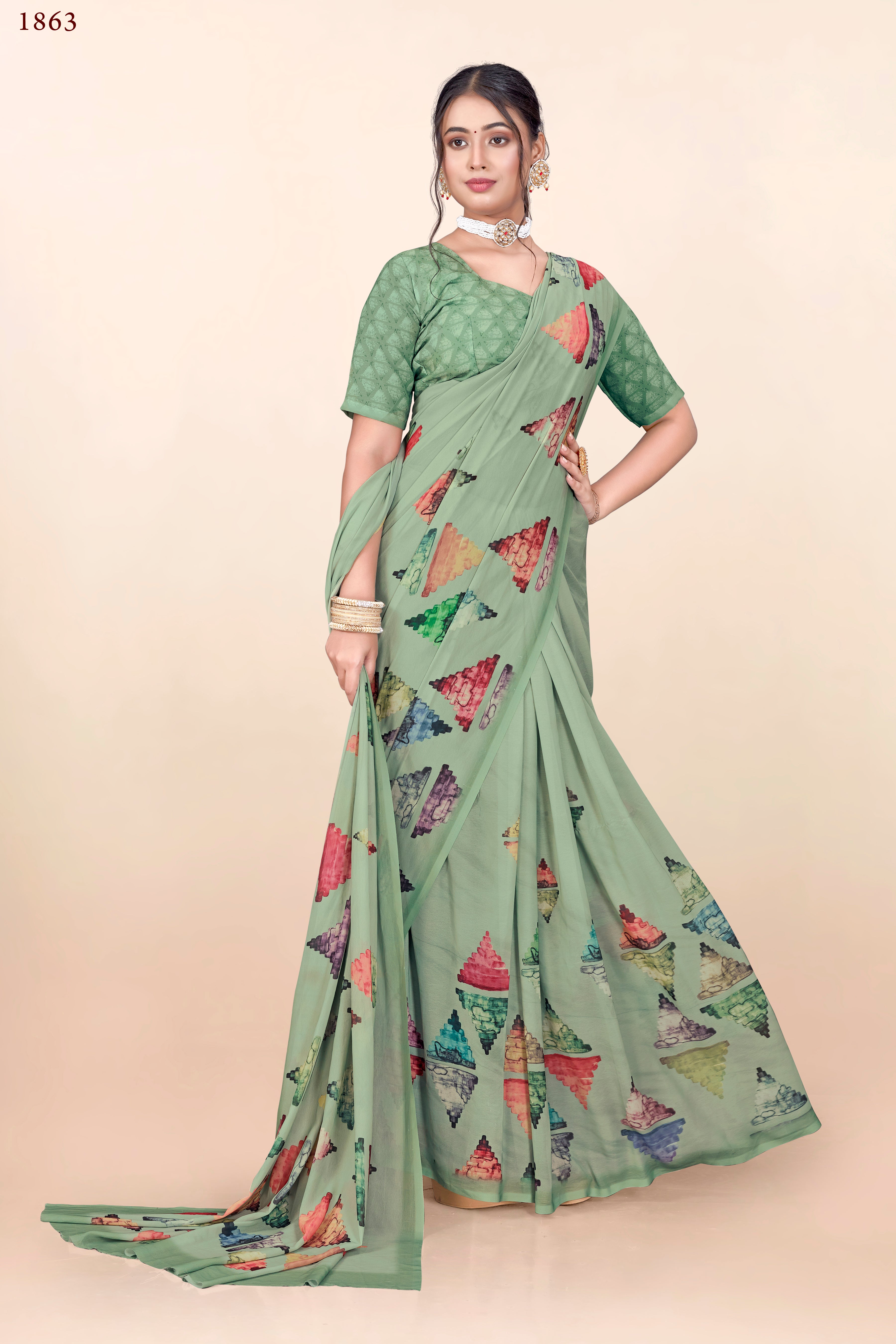 Light Green Triangle print Weightless Milli Saree
