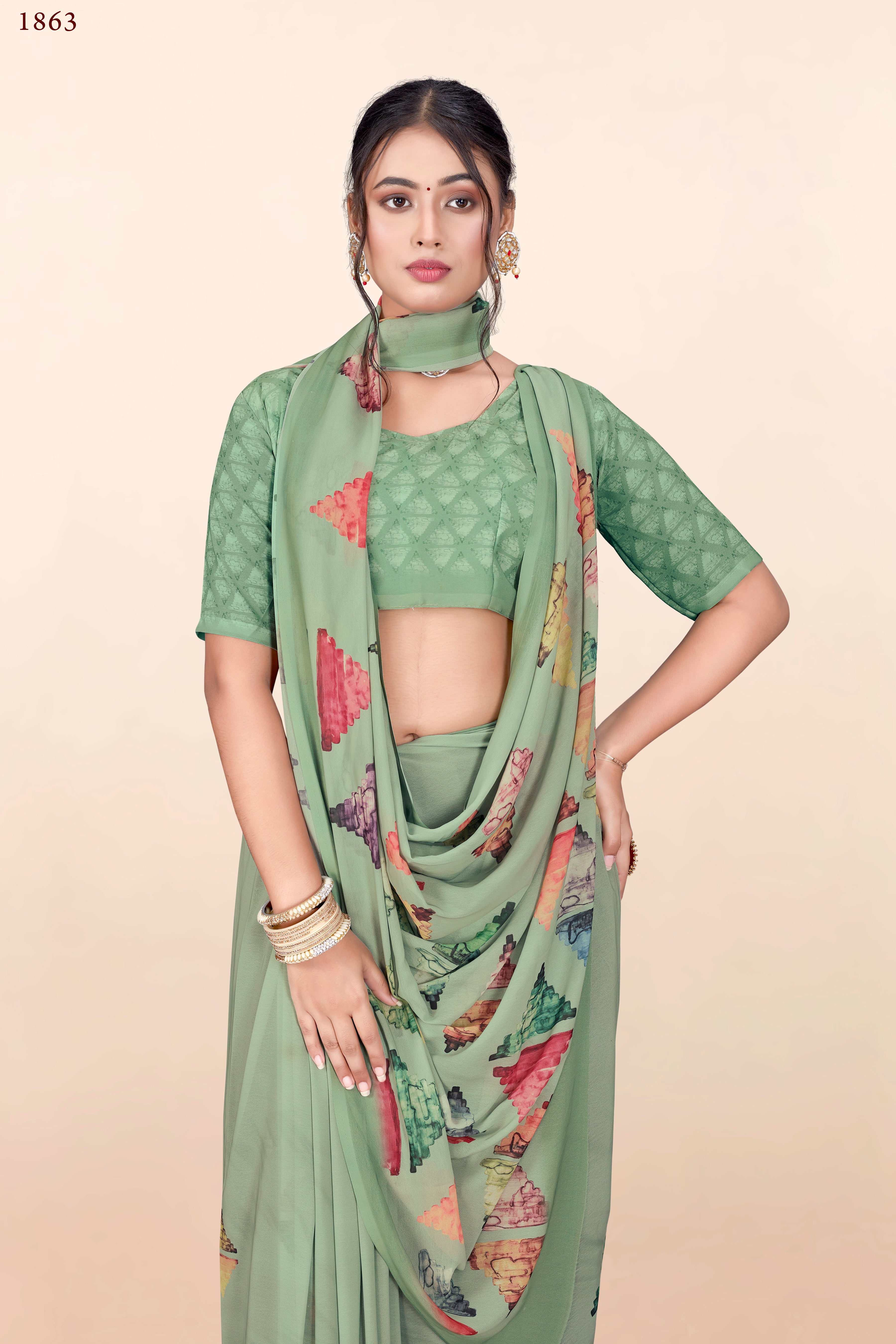 Light Green Triangle print Weightless Milli Saree