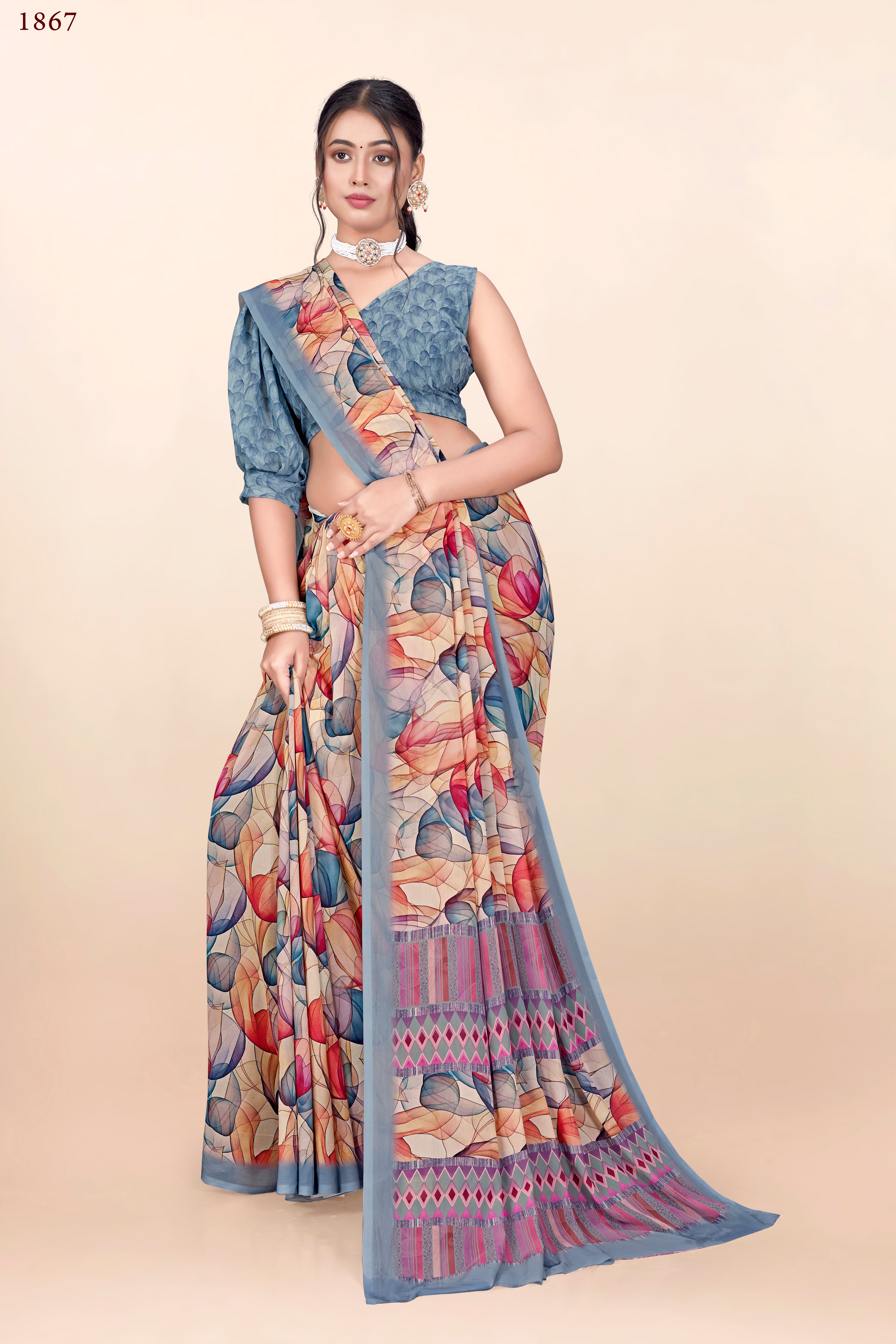Greyish Red Geometrical Weightless Milli Saree