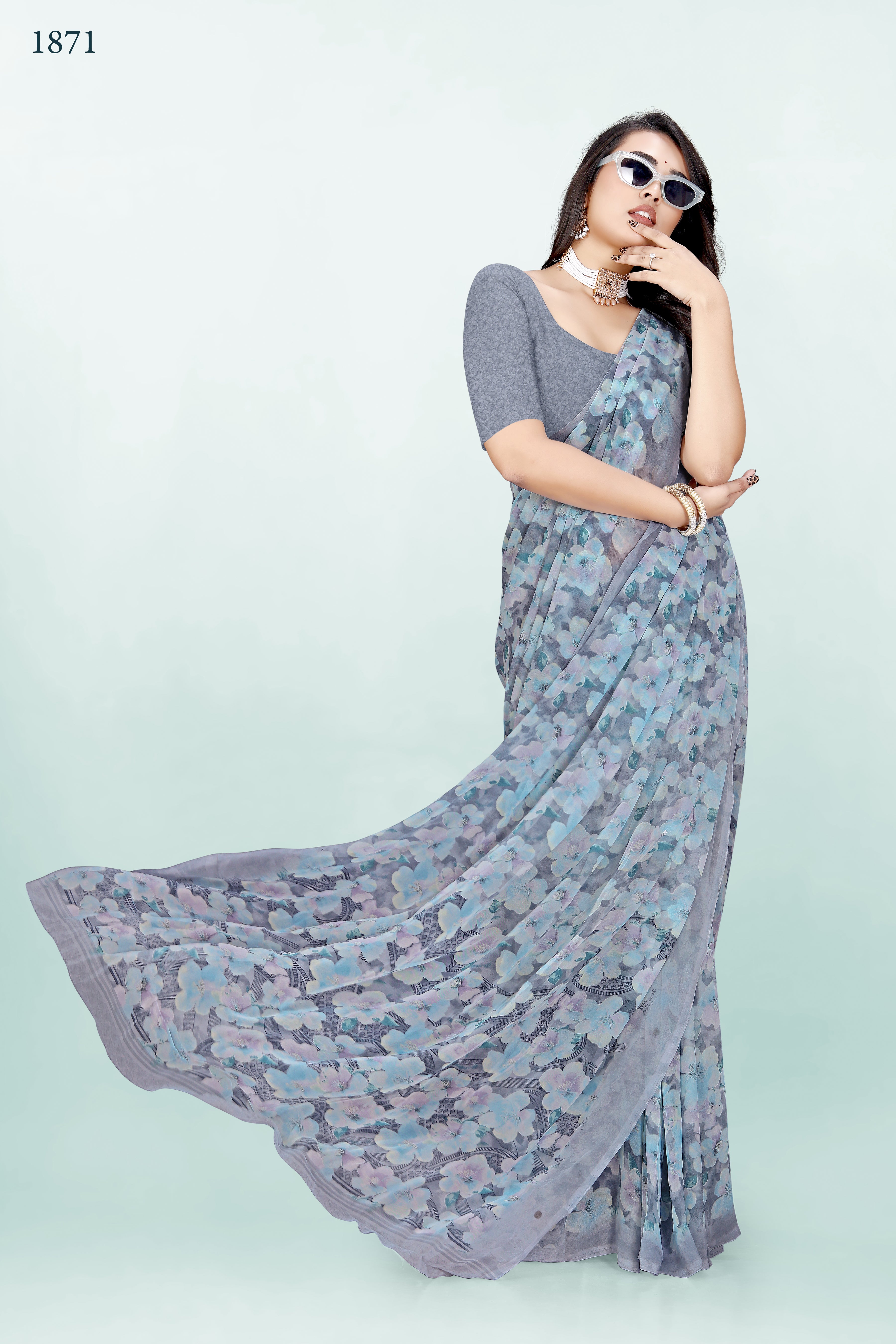 Floral Greyish-Blue Srishti Georgette Saree