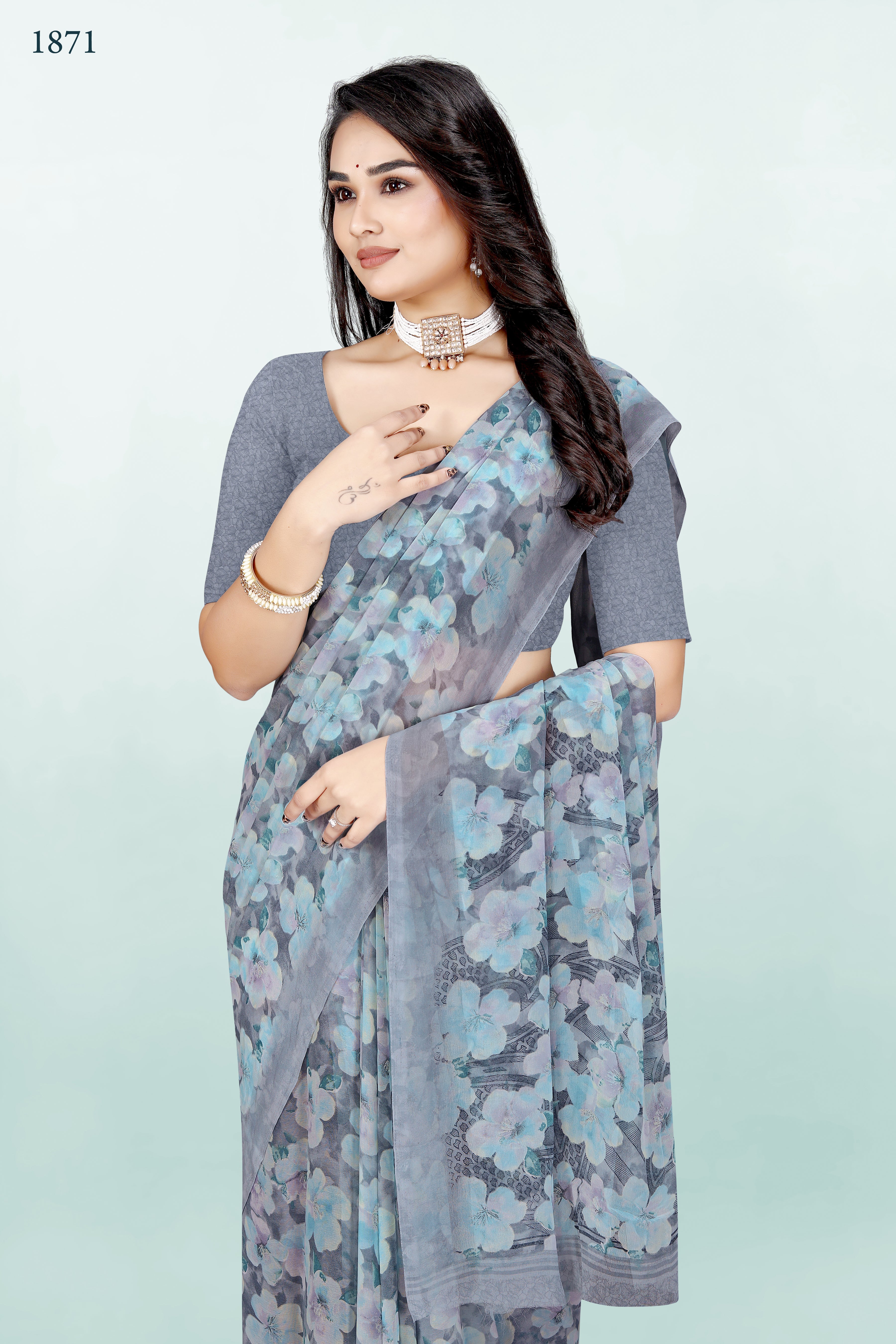 Floral Greyish-Blue Srishti Georgette Saree