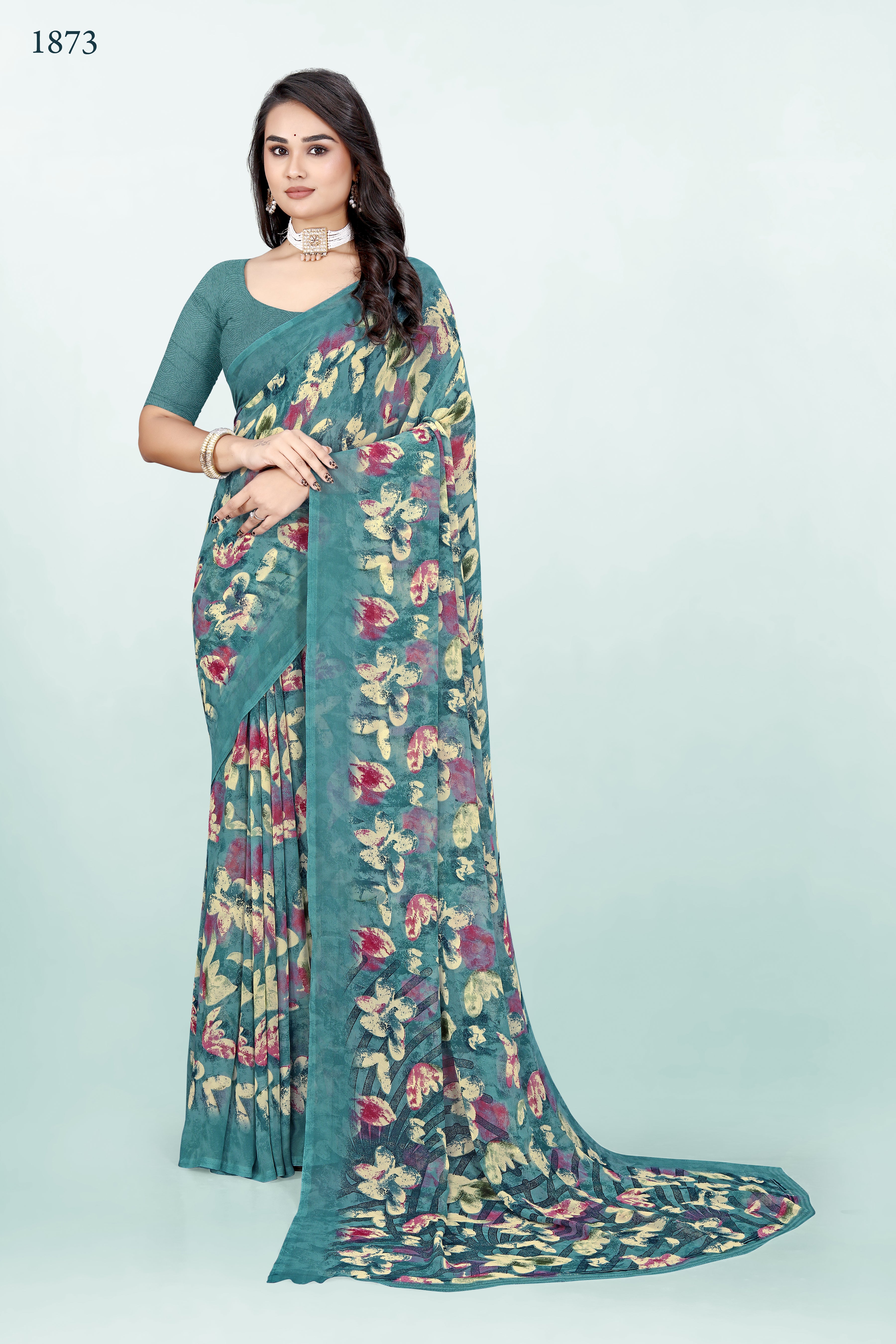 Floral Greenish-Blue Srishti Georgette Saree