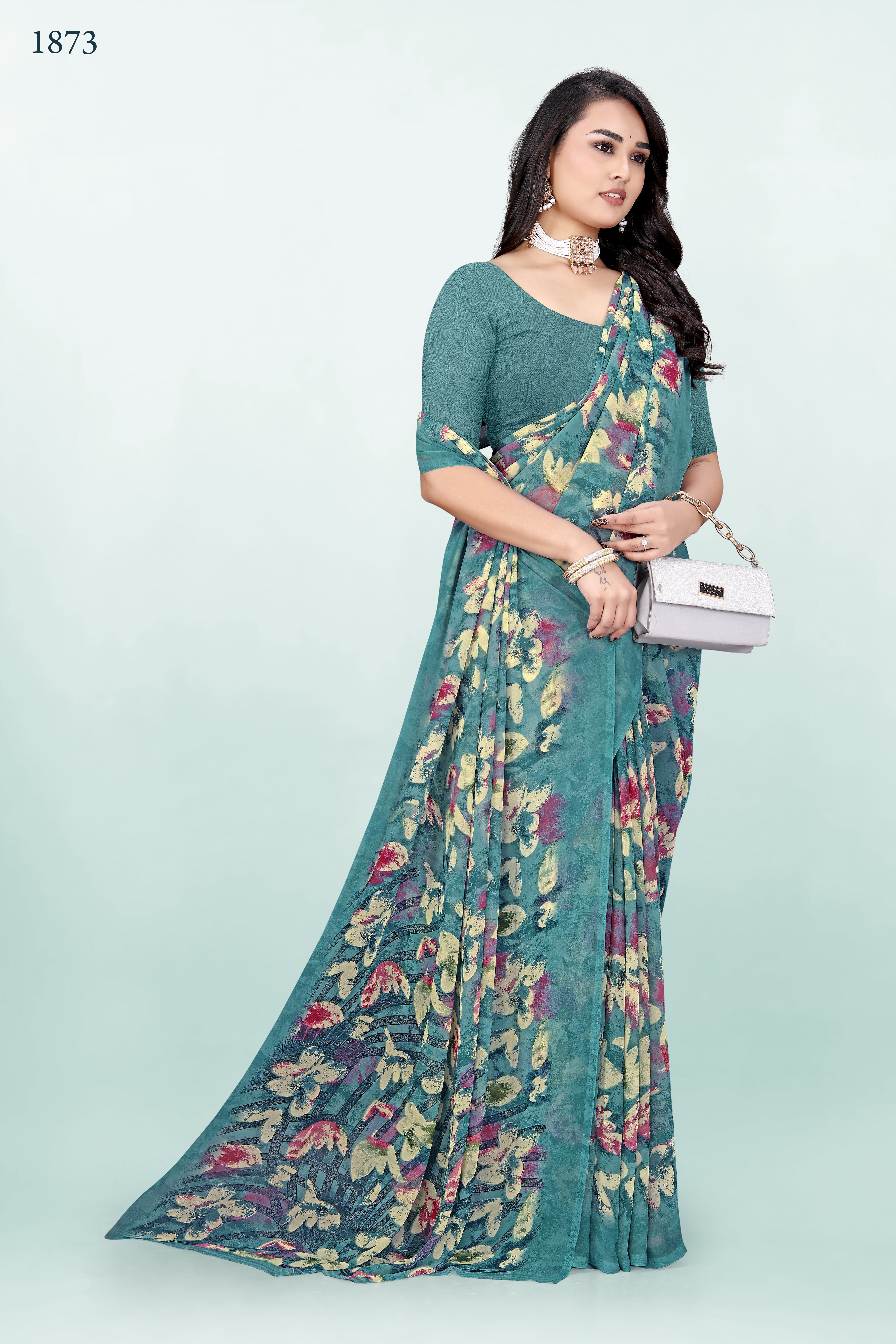 Floral Greenish-Blue Srishti Georgette Saree