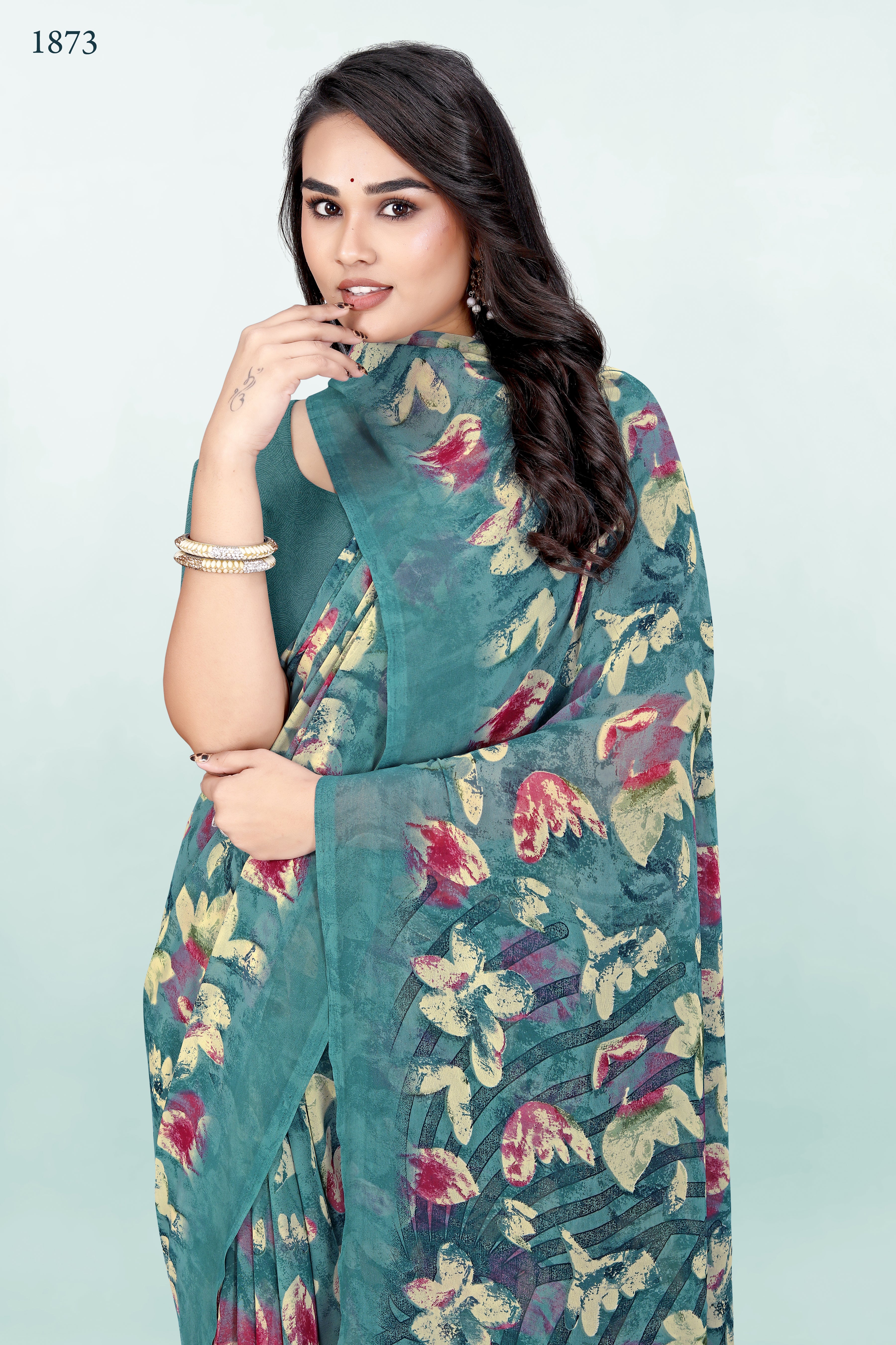 Floral Greenish-Blue Srishti Georgette Saree