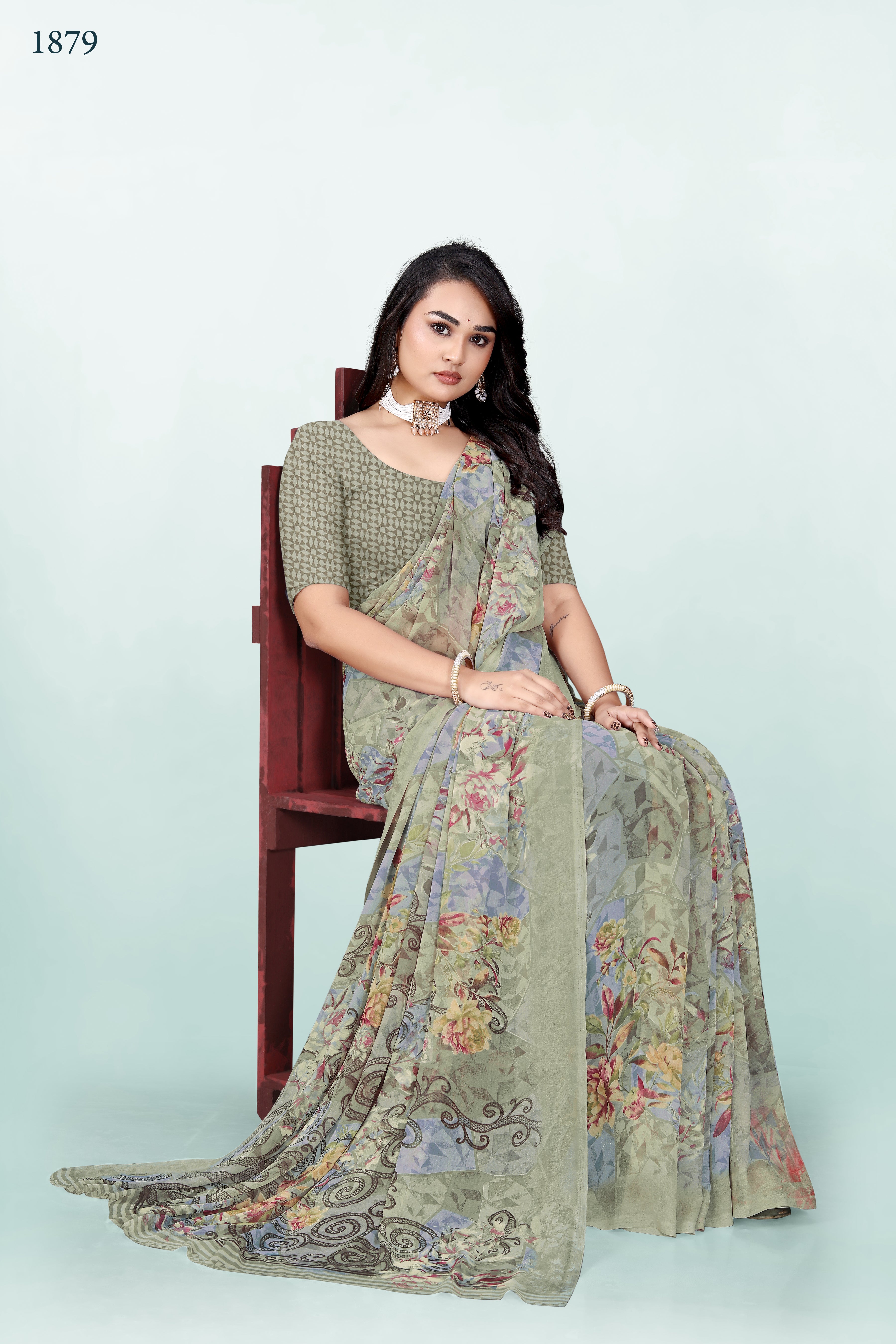 olive Green Floral Srishti Georgette Saree