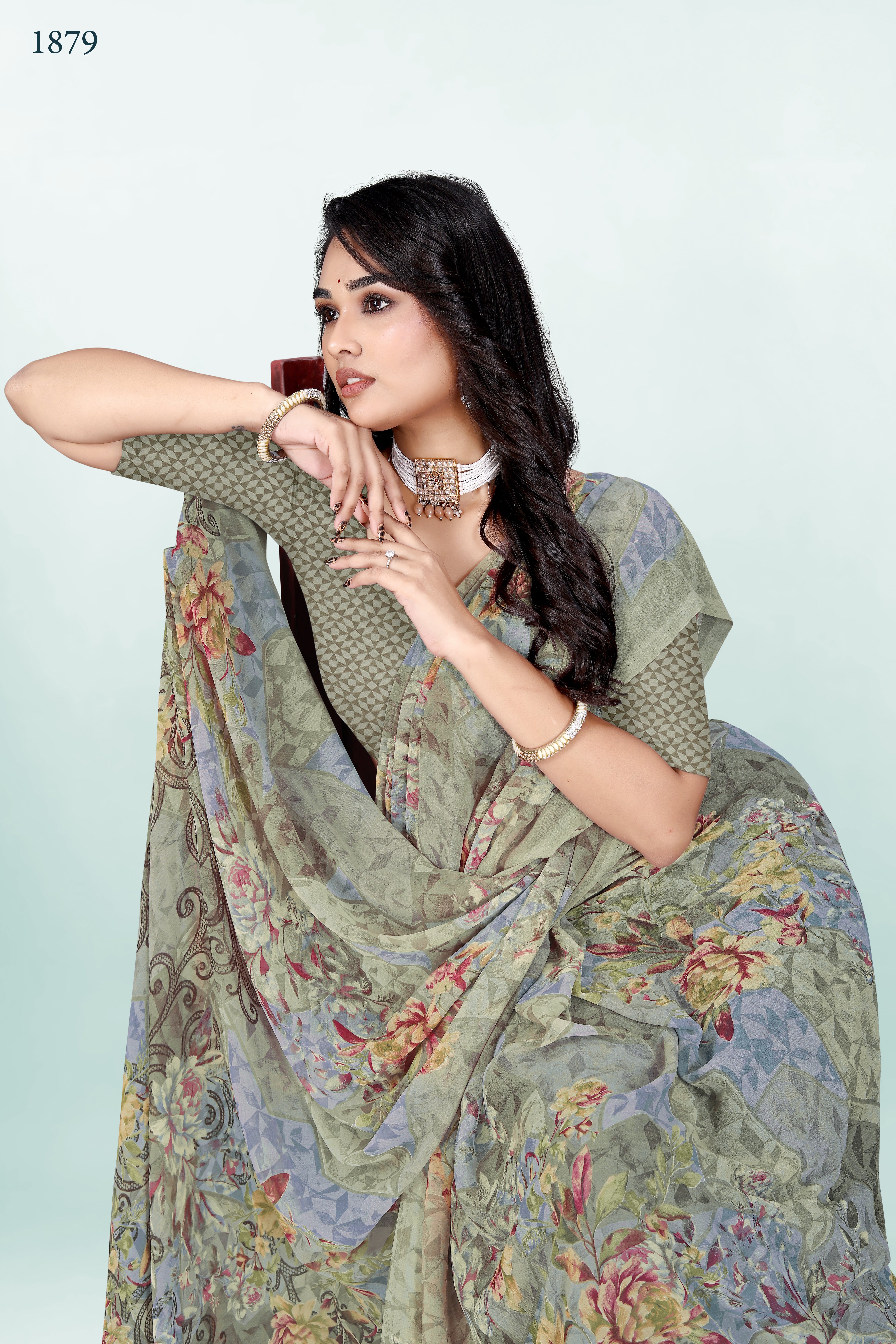 olive Green Floral Srishti Georgette Saree