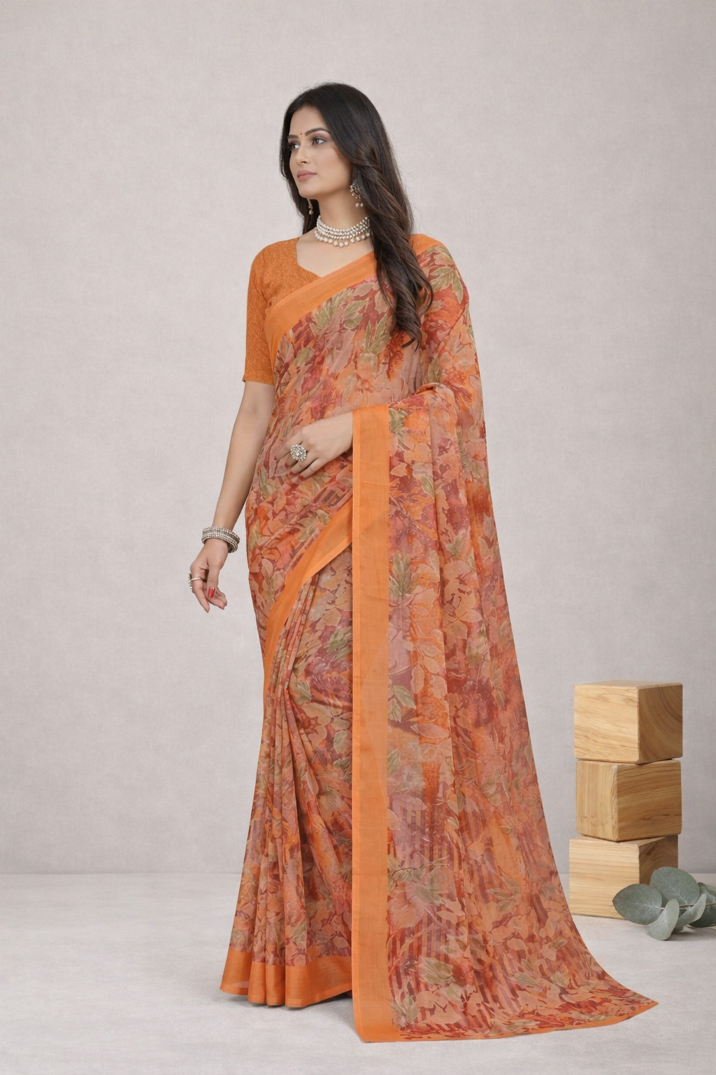 Srishti Floral Printed Saree – Elegant Orange Designer Party Wear Saree