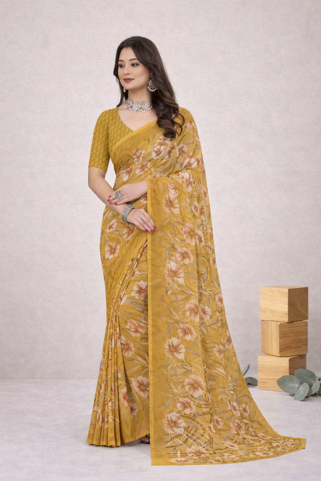 Srishti Floral Printed Saree – Elegant Mustard Yellow Designer Saree
