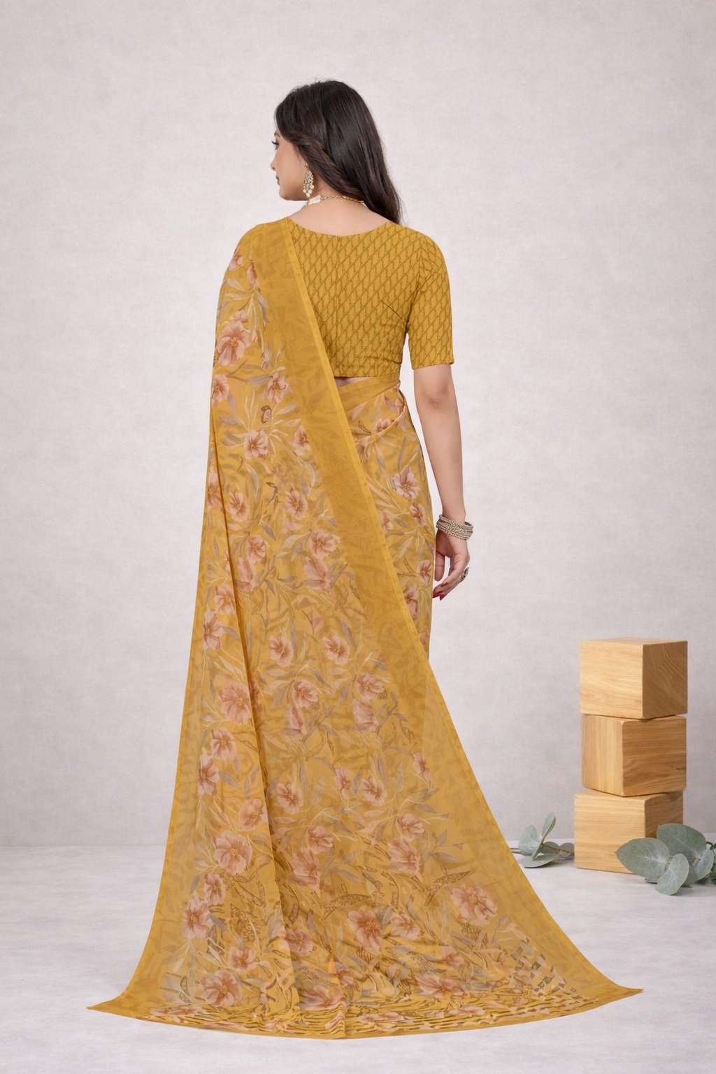 Srishti Floral Printed Saree – Elegant Mustard Yellow Designer Saree