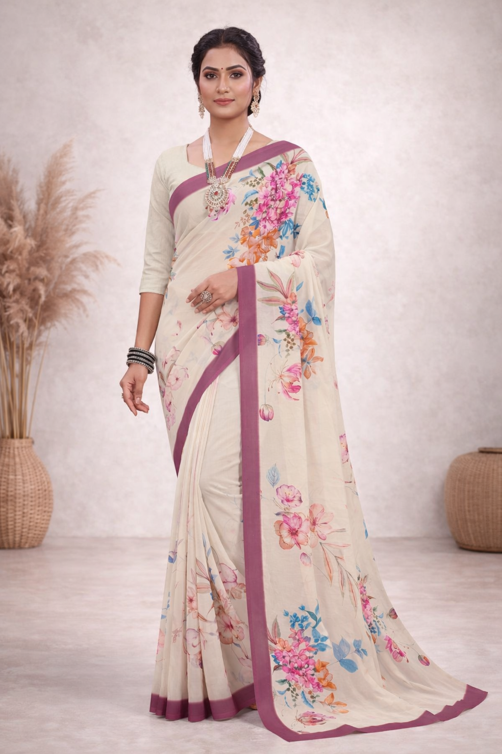 Milli Weightless Floral Printed Saree – Elegant Cream Designer Saree