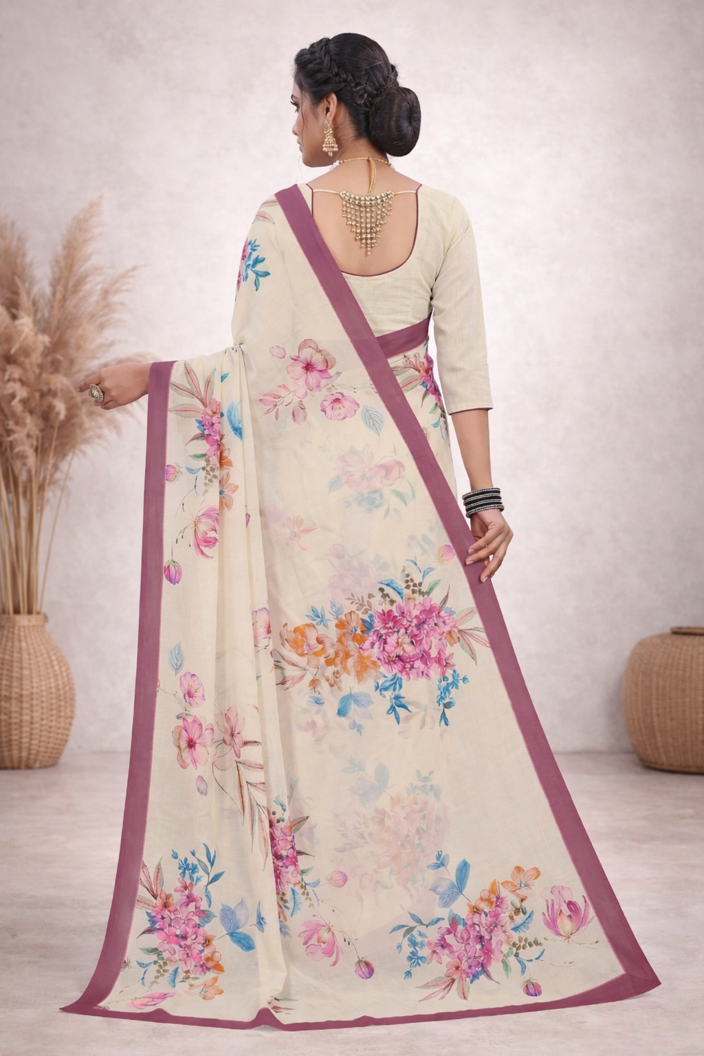 Milli Weightless Floral Printed Saree – Elegant Cream Designer Saree