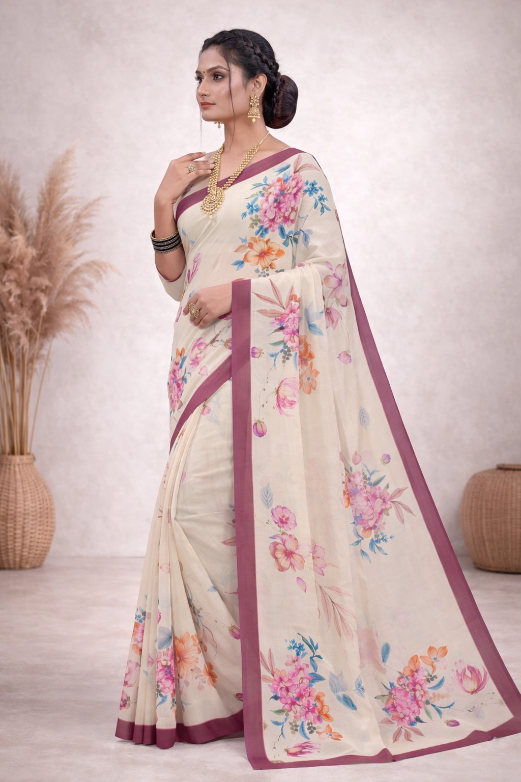 Milli Weightless Floral Printed Saree – Elegant Cream Designer Saree