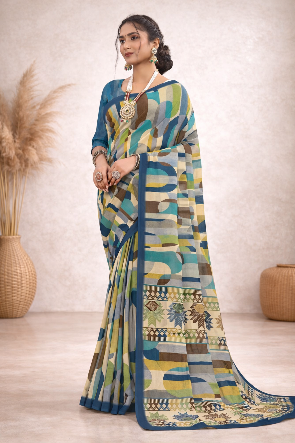 Milli Weightless Printed Saree – Teal Blue Abstract Designer Saree