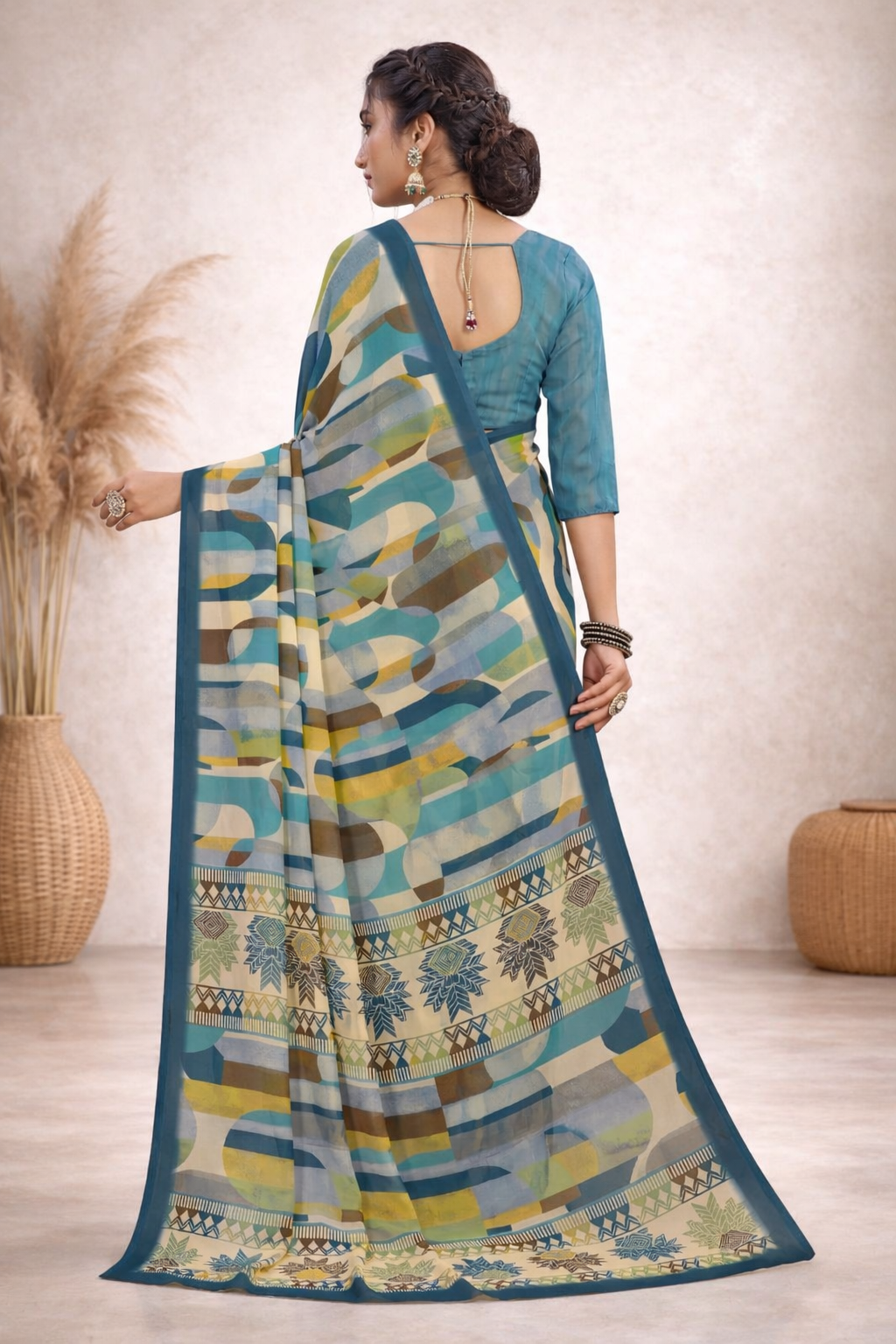 Milli Weightless Printed Saree – Teal Blue Abstract Designer Saree