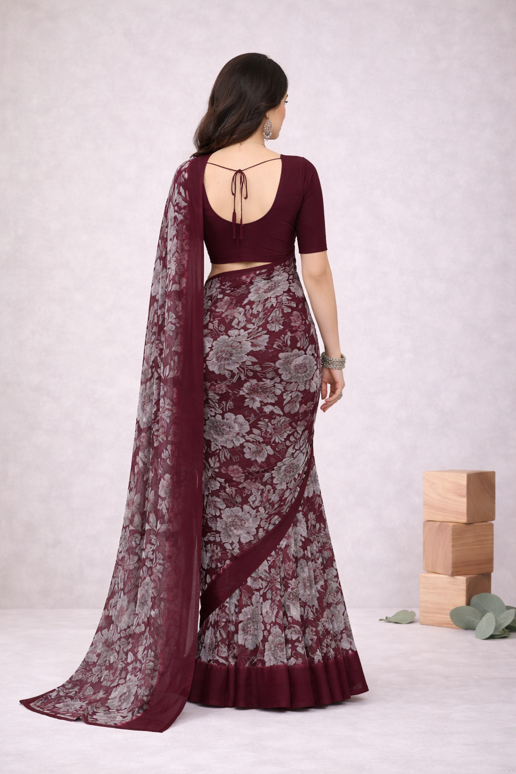 Srishti Floral Printed Saree – Elegant Wine Maroon Designer Saree