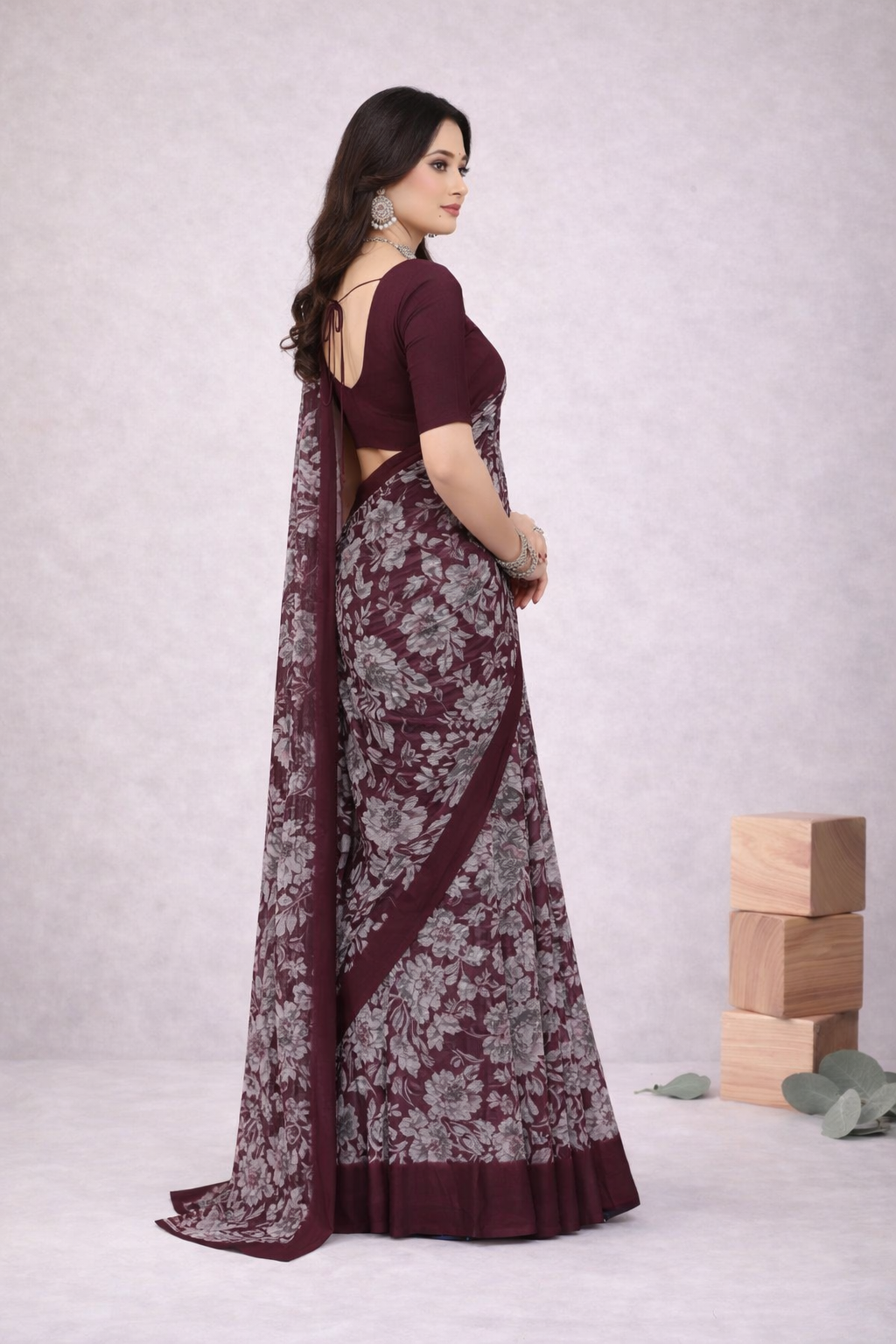 Srishti Floral Printed Saree – Elegant Wine Maroon Designer Saree