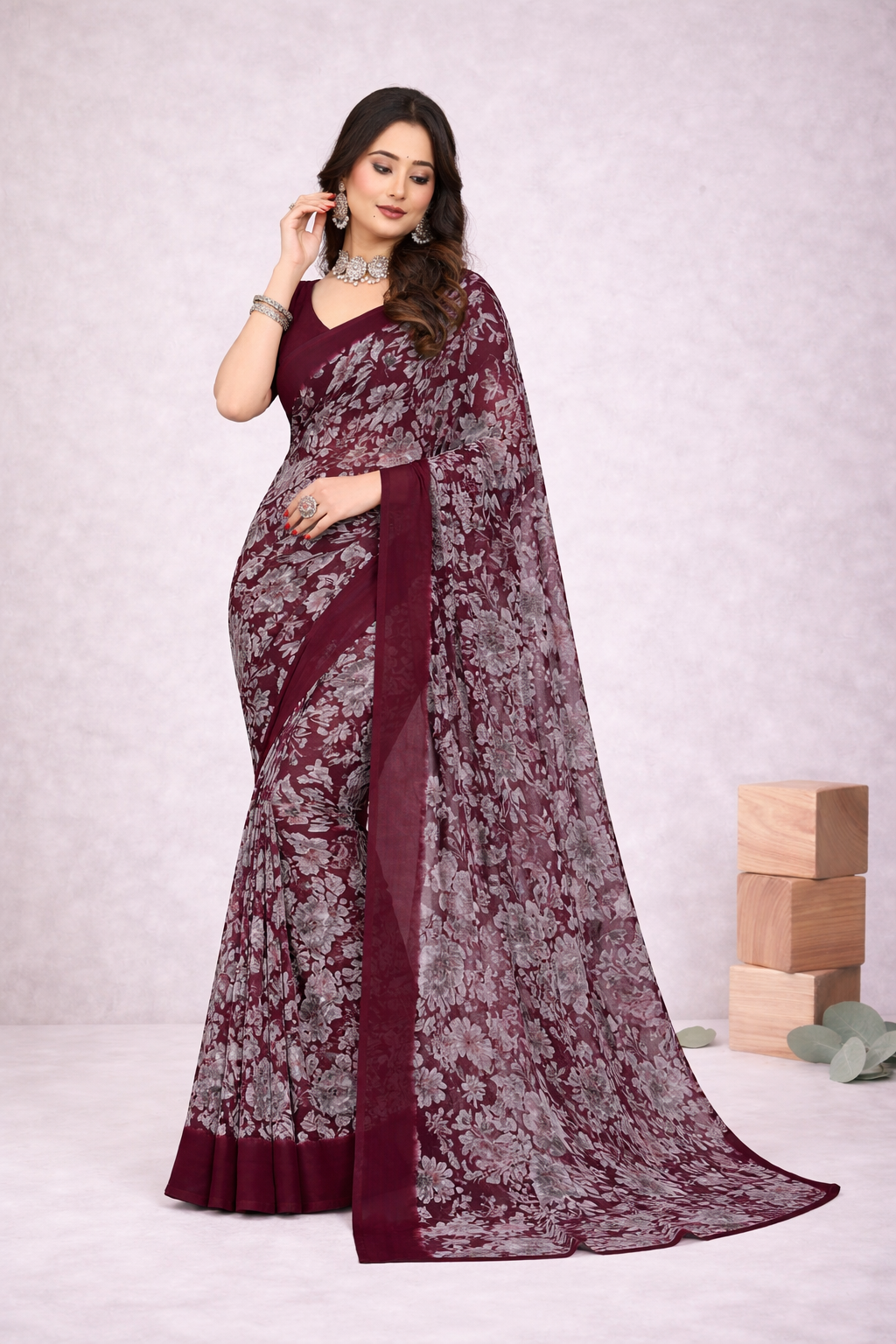 Srishti Floral Printed Saree – Elegant Wine Maroon Designer Saree