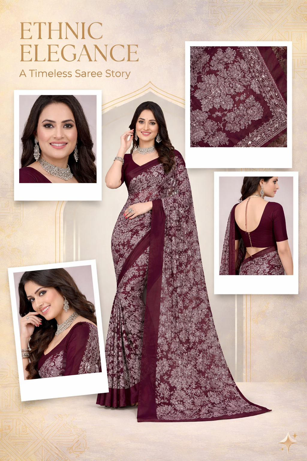 Srishti Floral Printed Saree – Elegant Wine Maroon Designer Saree