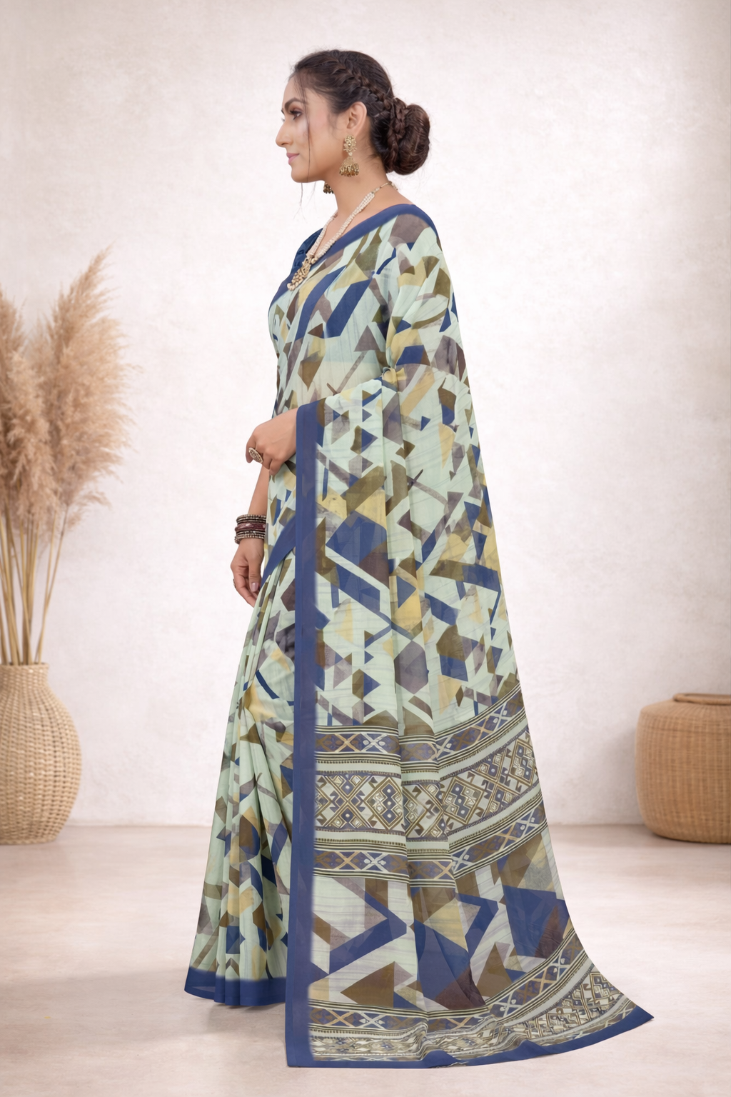 Milli Weightless Printed Saree – Elegant Blue Geometric Designer Saree