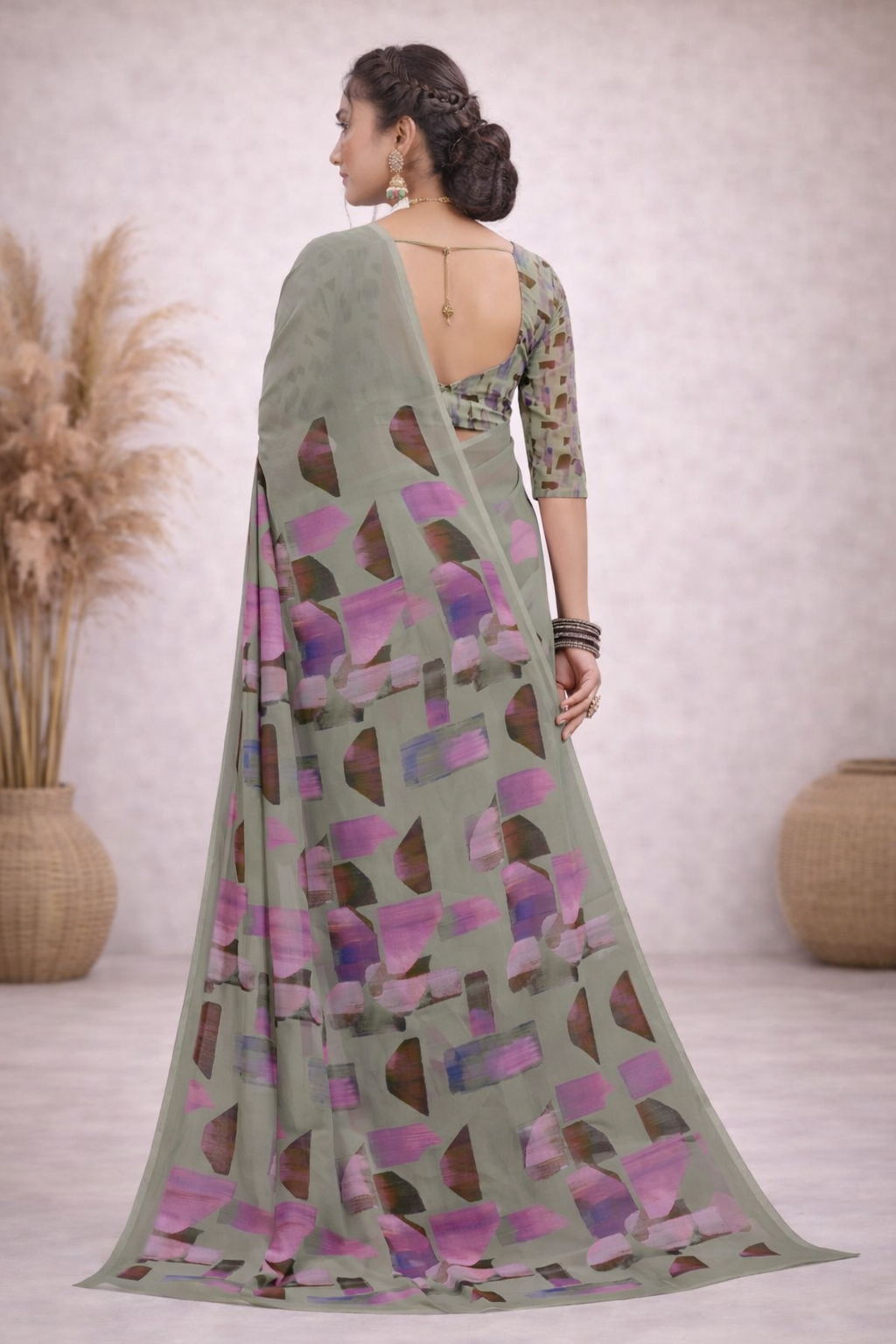 Milli Weightless Printed Saree – Elegant Grey Multicolor Designer Saree