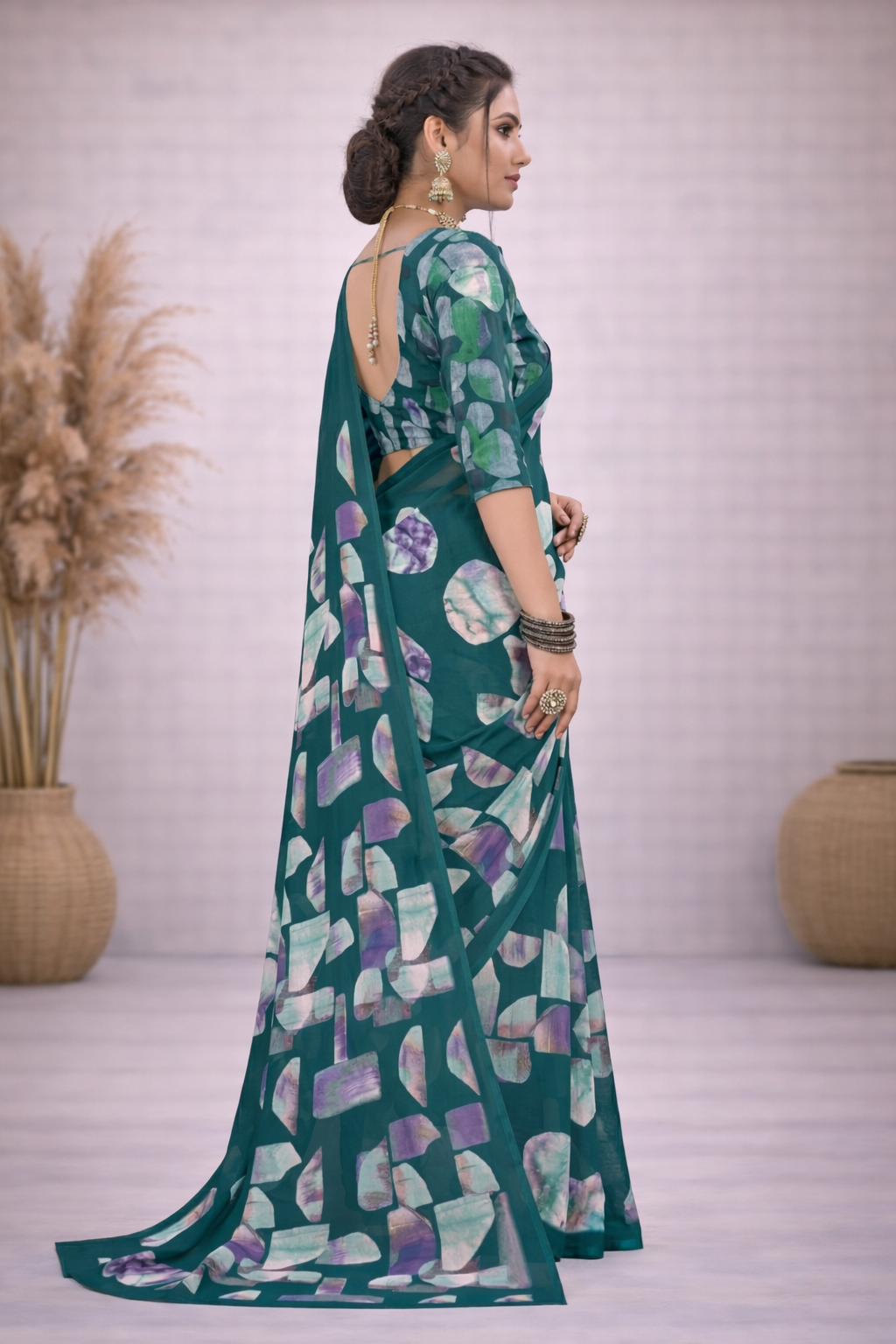 Milli Weightless Printed Saree – Elegant Teal Green Floral Designer Saree
