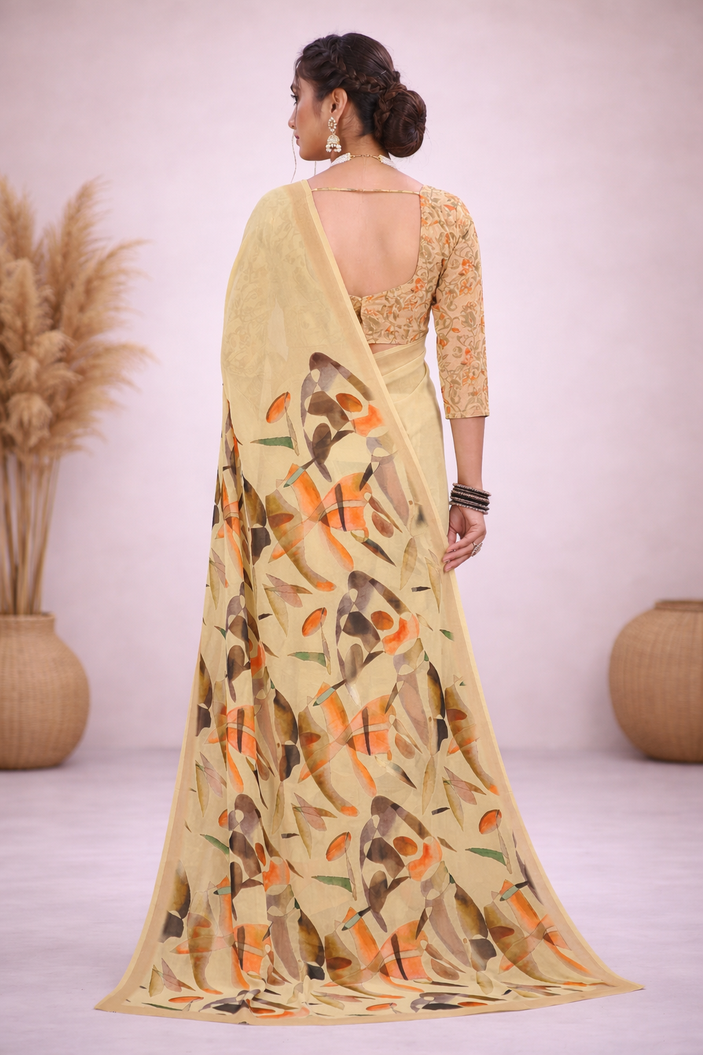 Milli Weightless Printed Saree – Elegant Beige Abstract Floral Designer Saree