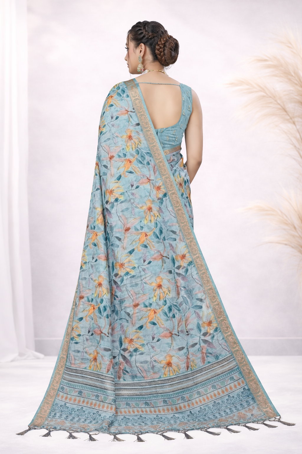 Laxmi 1991 Tusser Silk Floral Printed Saree with Zari Border
