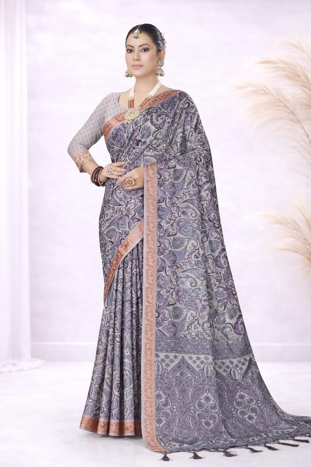 Laxmi 1996 Tusser Silk Grey Purple Paisley Printed Saree with Zari Border