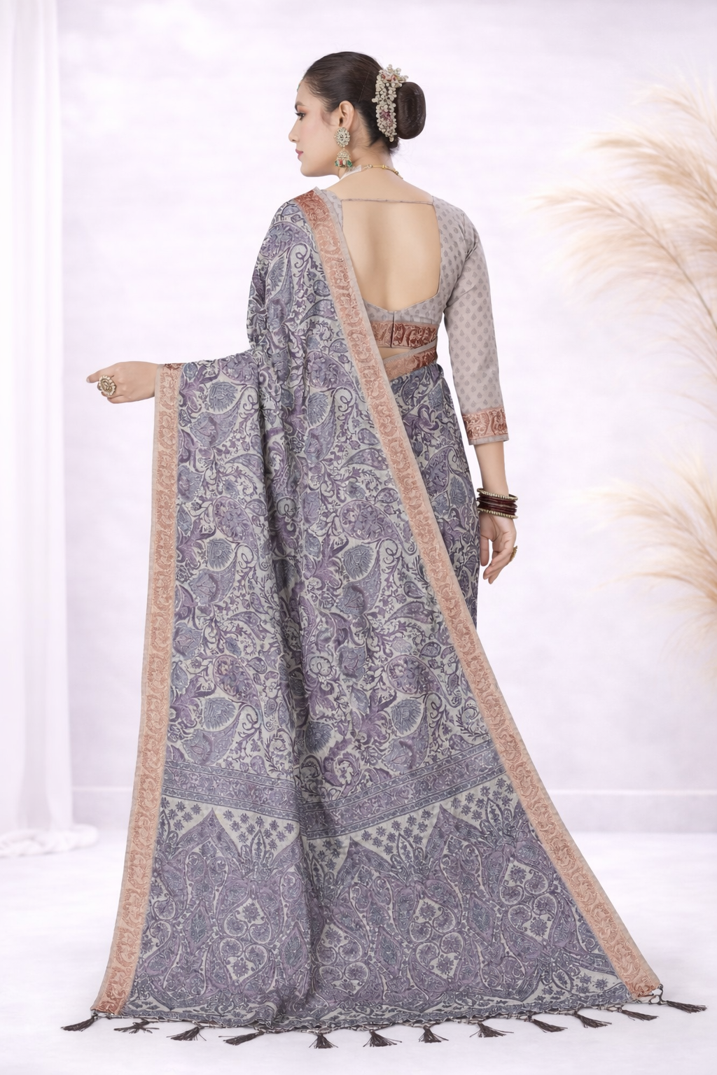 Laxmi 1996 Tusser Silk Grey Purple Paisley Printed Saree with Zari Border