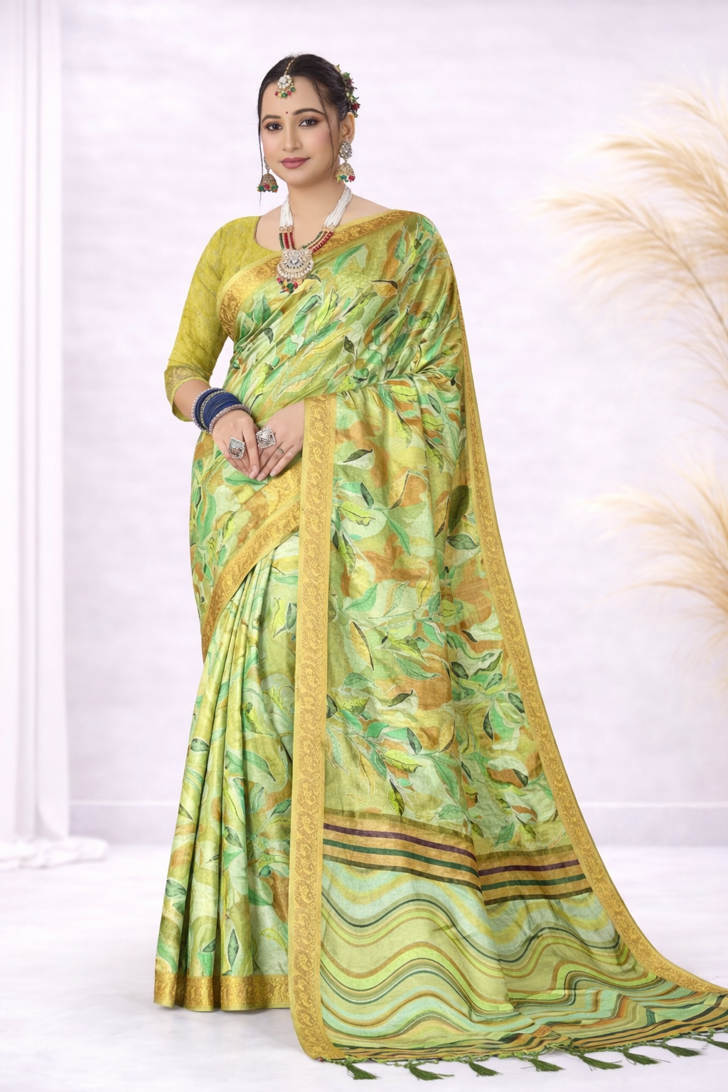 Laxmi 1997 Tusser Silk Green Printed Saree with Zari Border