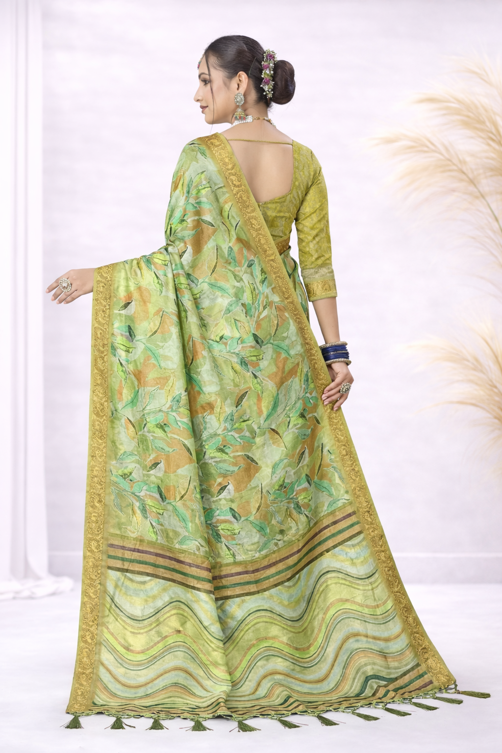 Laxmi 1997 Tusser Silk Green Printed Saree with Zari Border