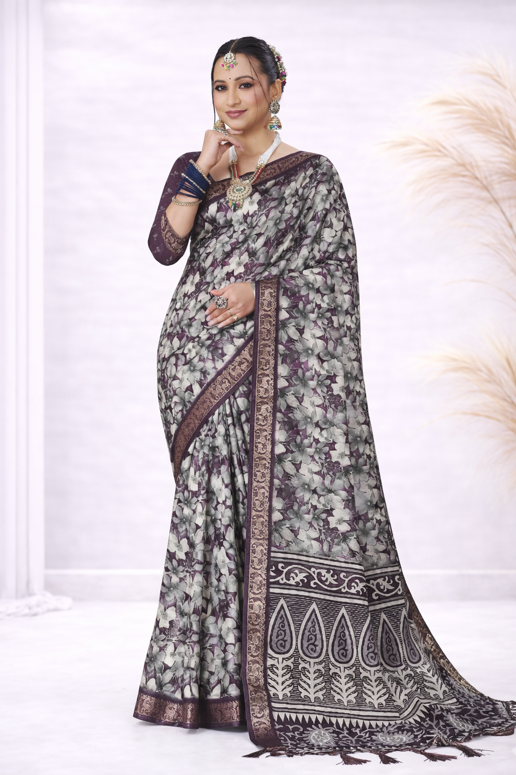 Laxmi 1999 Tusser Silk Grey & Wine Floral Printed Saree with Designer Border