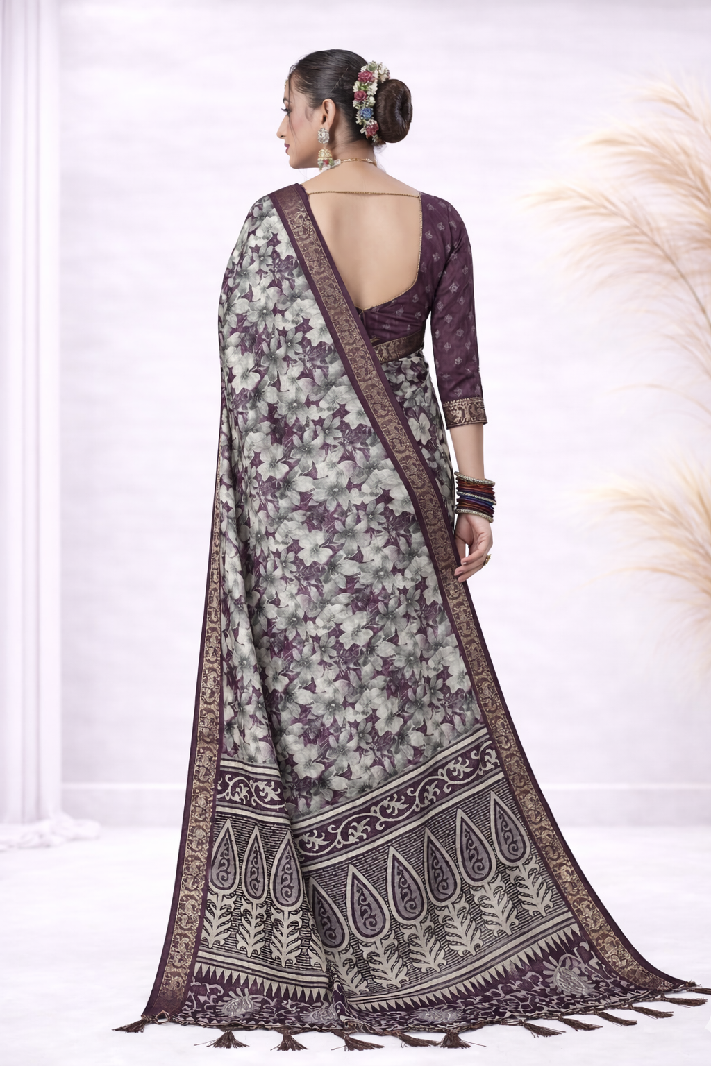 Laxmi 1999 Tusser Silk Grey & Wine Floral Printed Saree with Designer Border
