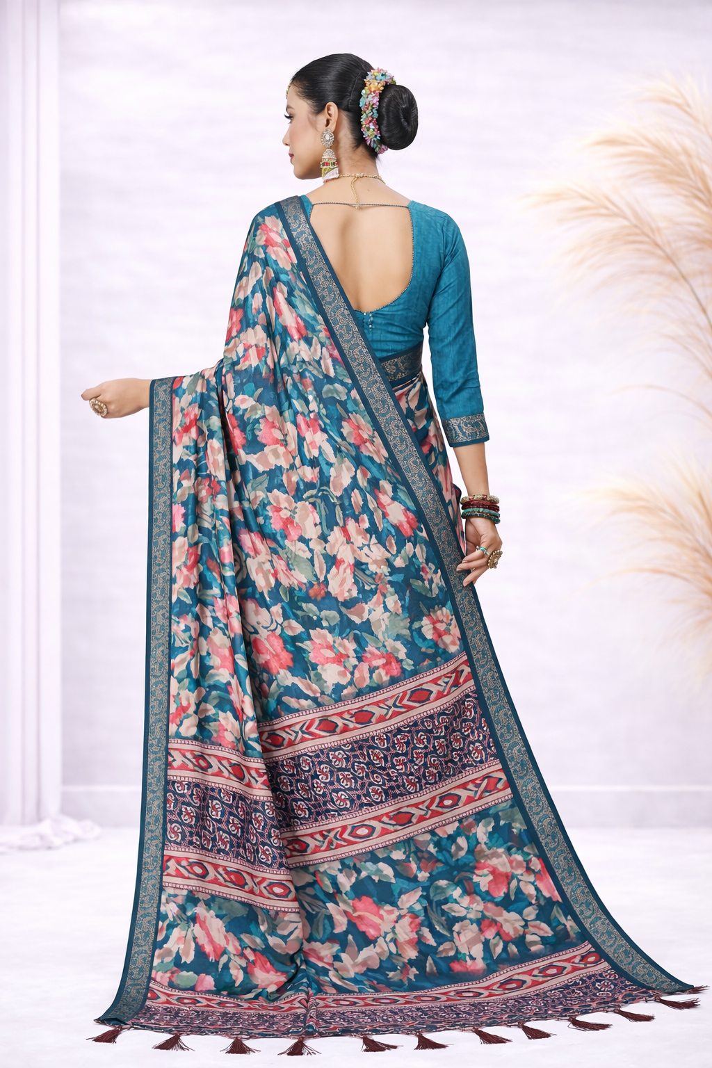 Laxmi 2000 Tusser Silk Teal Floral Printed Saree with Ethnic Border