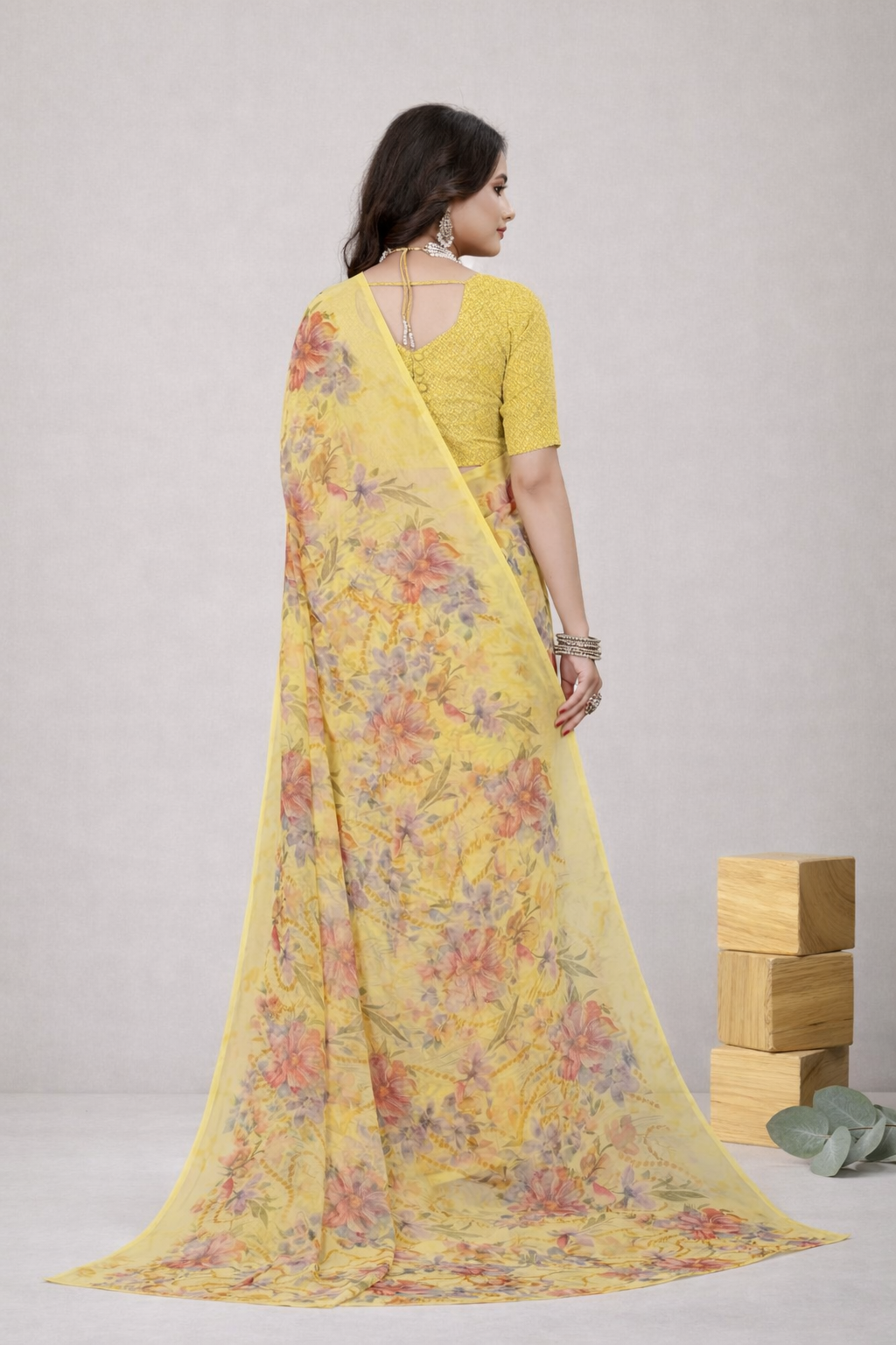 Srishti Floral Printed Saree – Elegant Yellow Designer Saree