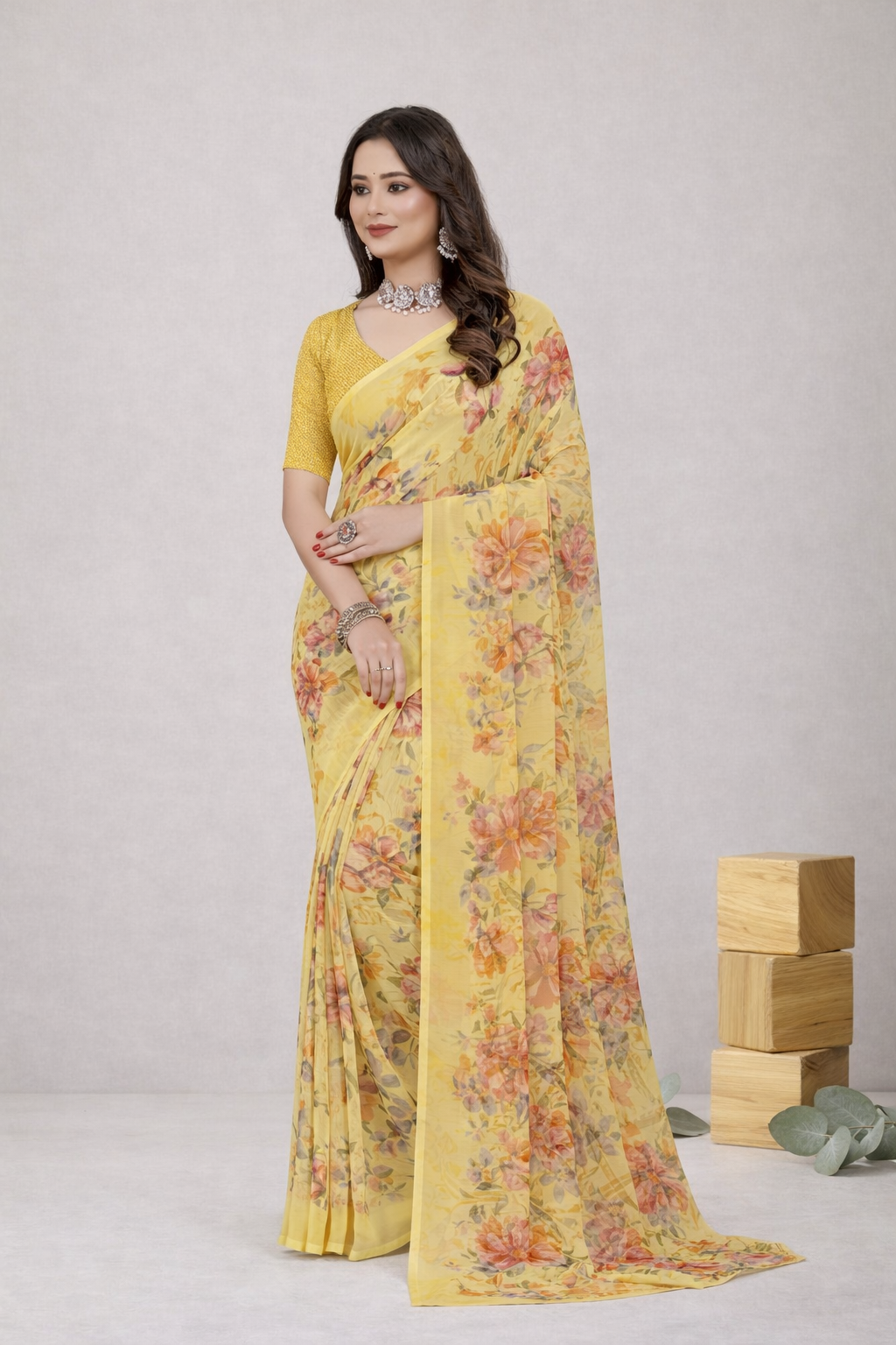 Srishti Floral Printed Saree – Elegant Yellow Designer Saree