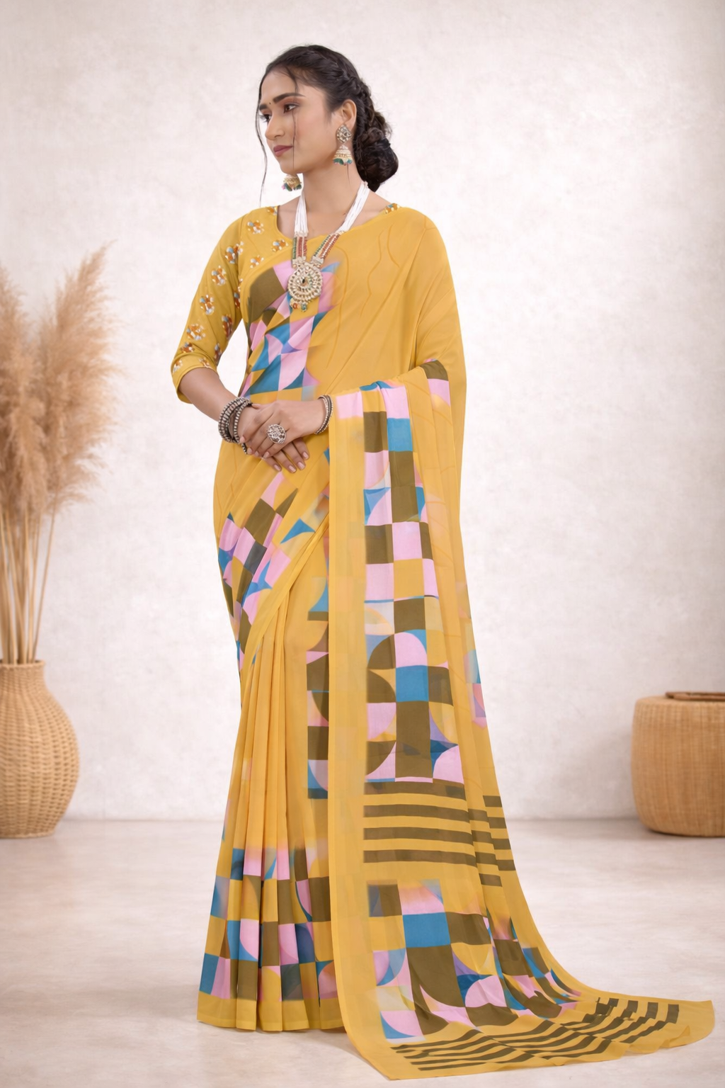 Milli Weightless Printed Saree – Mustard Yellow Designer Saree