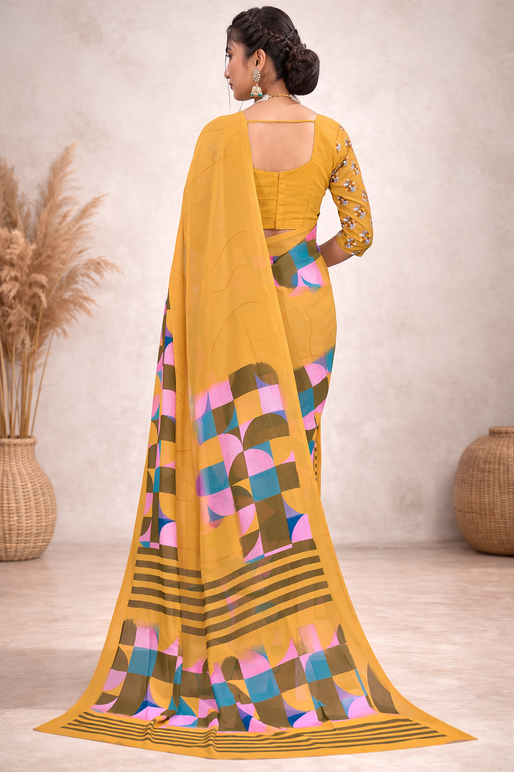 Milli Weightless Printed Saree – Mustard Yellow Designer Saree
