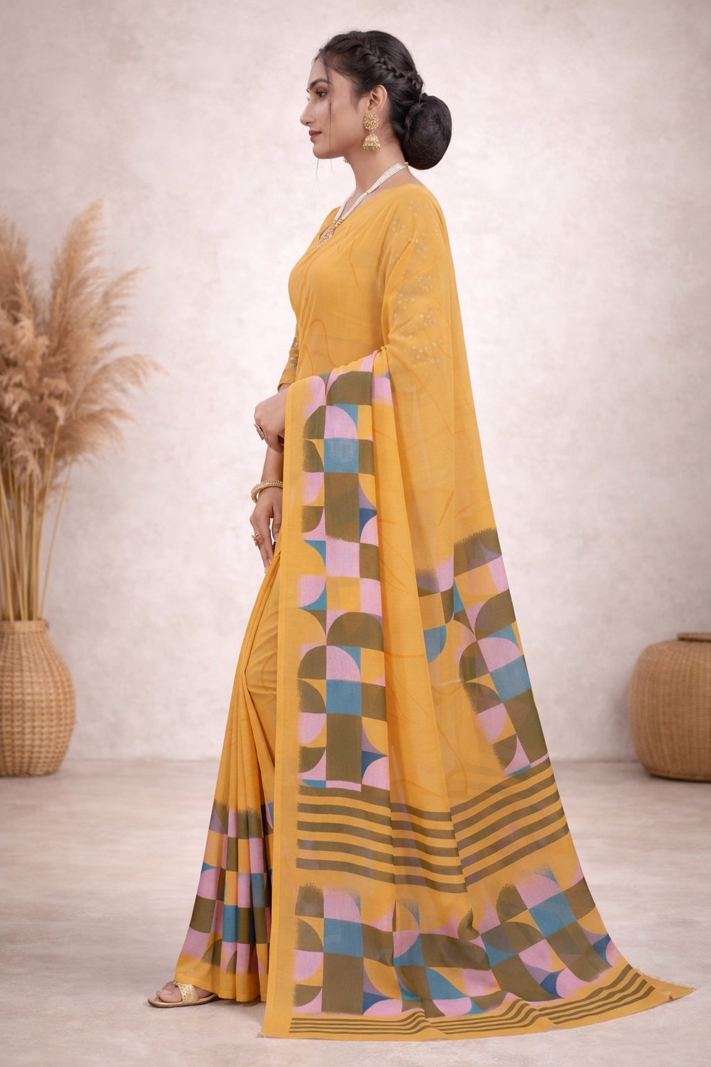 Milli Weightless Printed Saree – Mustard Yellow Designer Saree