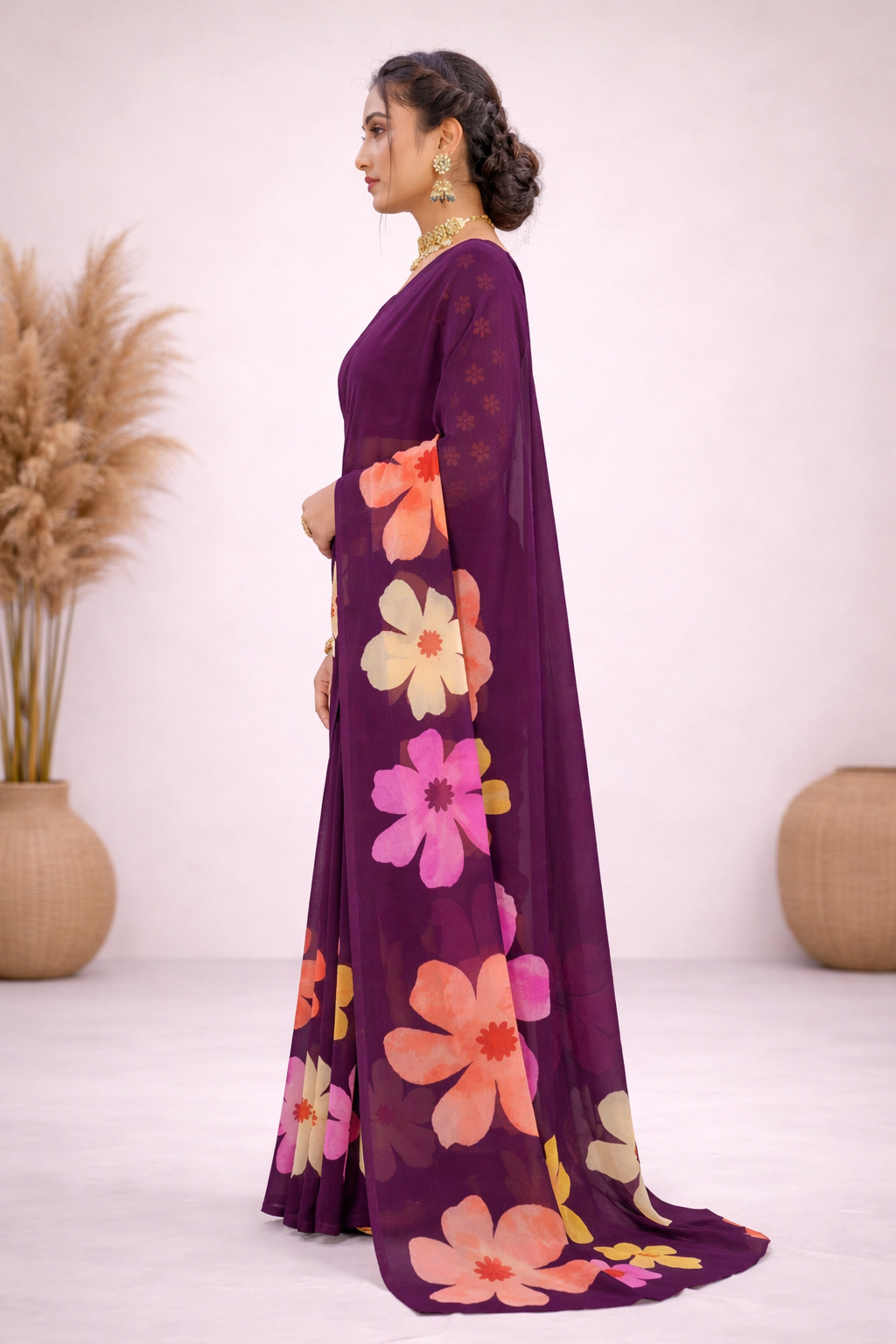 Milli Weightless Printed Saree – Stylish Purple Floral Designer Saree