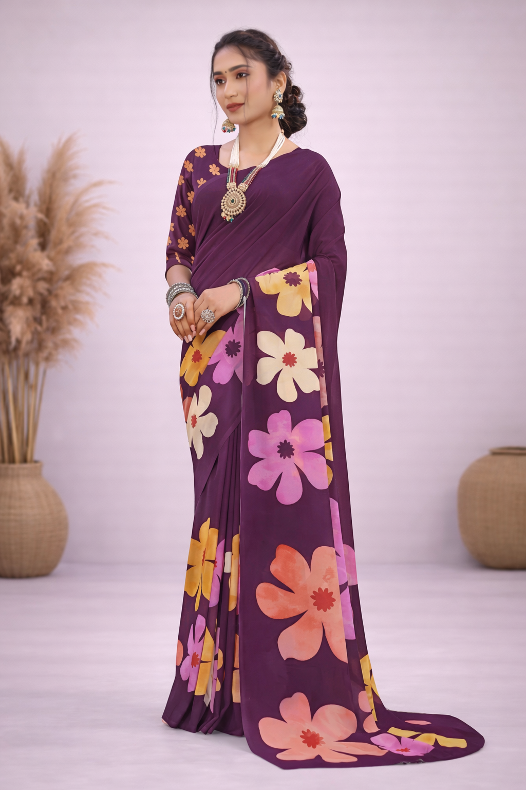 Milli Weightless Printed Saree – Stylish Purple Floral Designer Saree