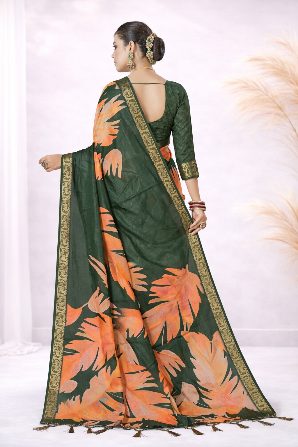 Laxmi 1992 Tusser Silk Green Floral Printed Saree with Zari Border