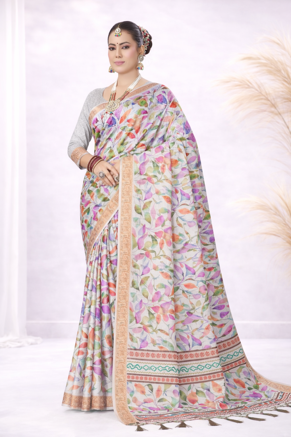 Laxmi 1994 Tusser Silk White Multicolor Floral Printed Saree with Zari Border